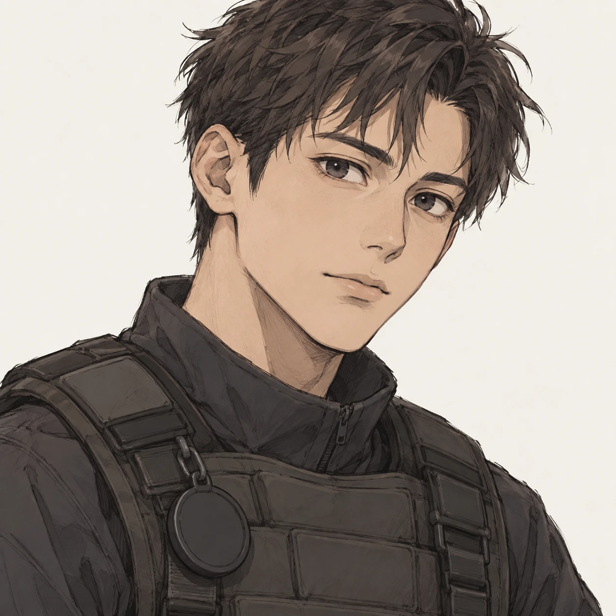 無地を背にした斜め向きの撮影のベストの男性のイラスト（手描き風）