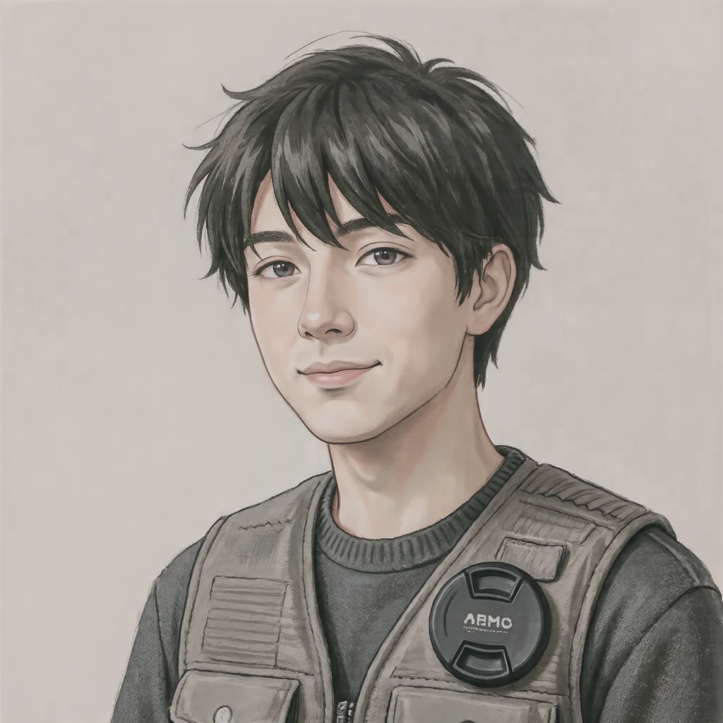 Illustration of one young man drawn in an anime style in a padded camera vest with a lens cap clipped at the chest and short hair, his head and shoulders seen at a three-quarter angle with his face turned slightly to one side, both eyes visible and looking at the viewer with a calm closed-mouth expression, closely cropped so the head and shoulders fill most of the picture, hands not visible, a plain pale background behind him, the lower edge left as empty background with nothing written on it (gouache)