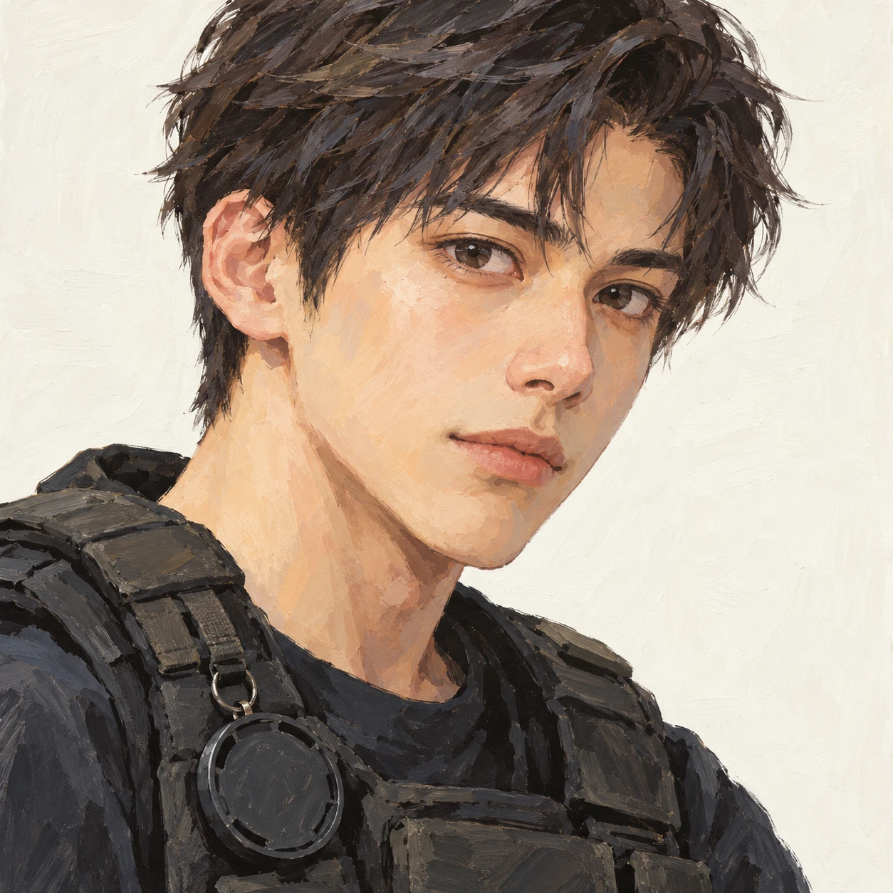 Illustration of one young man drawn in an anime style in a padded camera vest with a lens cap clipped at the chest and short hair, his head and shoulders seen at a three-quarter angle with his face turned slightly to one side, both eyes visible and looking at the viewer with a calm closed-mouth expression, closely cropped so the head and shoulders fill most of the picture, hands not visible, a plain pale background behind him, the lower edge left as empty background with nothing written on it (gouache)