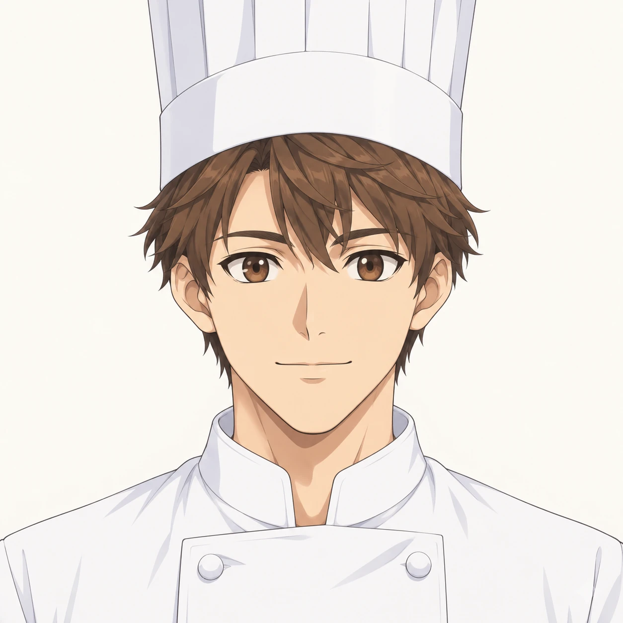 Illustration of one young man drawn in an anime style in a white chef's jacket and a tall chef's hat over short chestnut hair, his head and shoulders seen straight from the front with both eyes looking at the viewer and a calm closed-mouth expression, closely cropped so the head and shoulders fill most of the picture, hands not visible, a plain pale background behind him, the lower edge left as empty background with nothing written on it (anime cel-shaded)