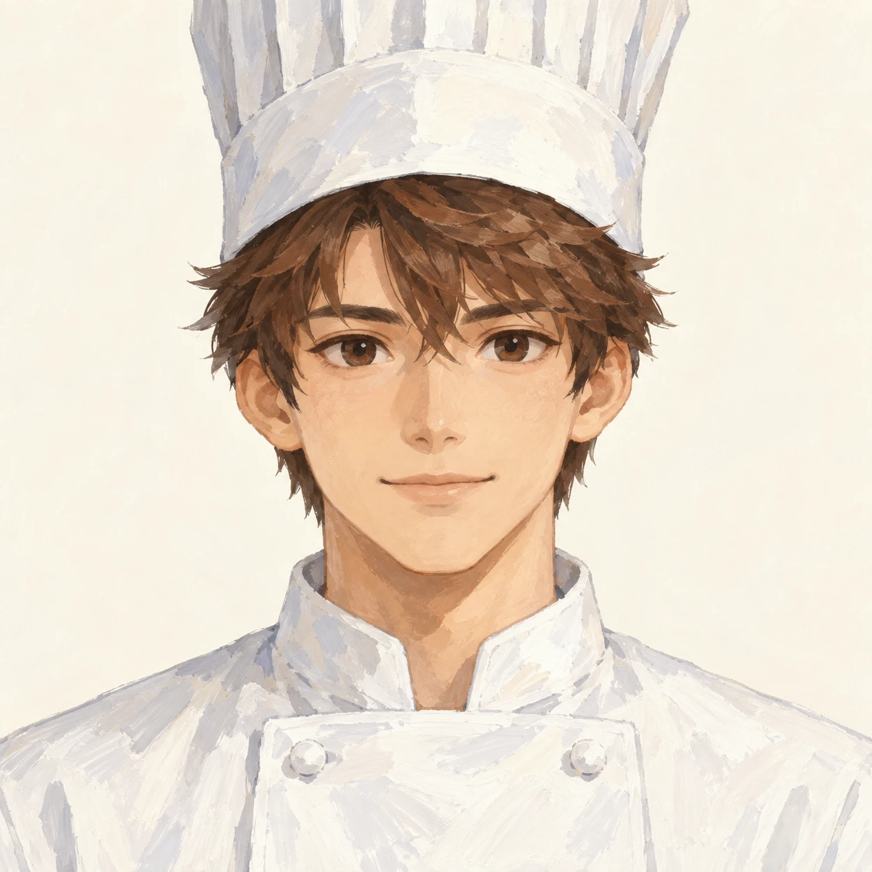 Illustration of one young man drawn in an anime style in a white chef's jacket and a tall chef's hat over short chestnut hair, his head and shoulders seen straight from the front with both eyes looking at the viewer and a calm closed-mouth expression, closely cropped so the head and shoulders fill most of the picture, hands not visible, a plain pale background behind him, the lower edge left as empty background with nothing written on it (gouache)