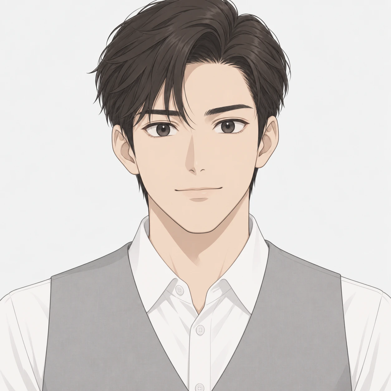 Illustration of one young man drawn in an anime style in a light grey civic office vest over a white shirt with combed hair, his head and shoulders seen straight from the front with both eyes looking at the viewer and a calm closed-mouth expression, closely cropped so the head and shoulders fill most of the picture, hands not visible, a plain pale background behind him, the lower edge left as empty background with nothing written on it (simple line art)