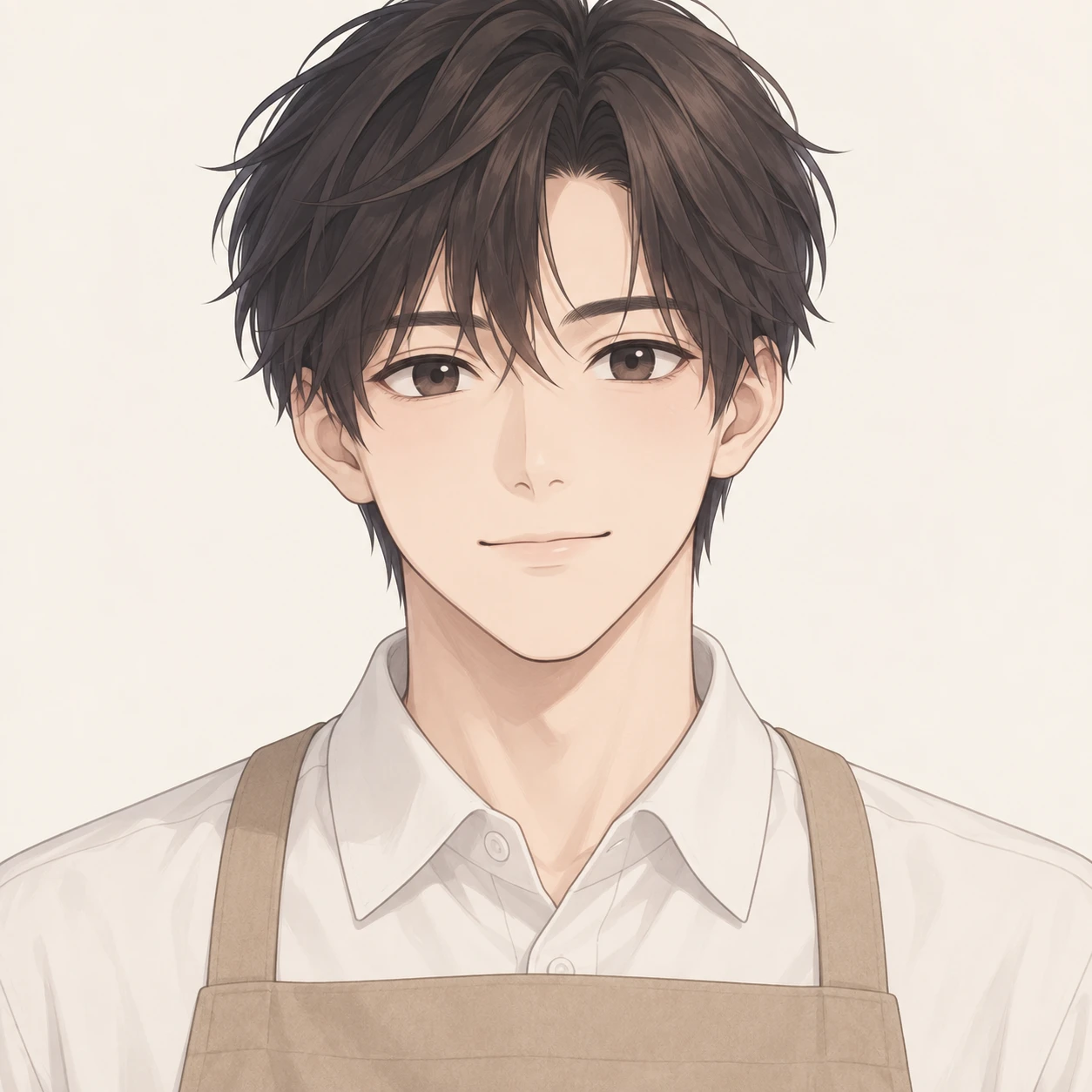 Illustration of one young man drawn in an anime style in a store uniform shirt with a plain canvas apron and neat dark hair, his head and shoulders seen straight from the front with both eyes looking at the viewer and a calm closed-mouth expression, closely cropped so the head and shoulders fill most of the picture, hands not visible, a plain pale background behind him, the lower edge left as empty background with nothing written on it (soft pastel)