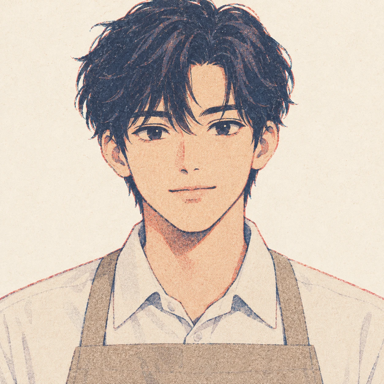 Illustration of one young man drawn in an anime style in a store uniform shirt with a plain canvas apron and neat dark hair, his head and shoulders seen straight from the front with both eyes looking at the viewer and a calm closed-mouth expression, closely cropped so the head and shoulders fill most of the picture, hands not visible, a plain pale background behind him, the lower edge left as empty background with nothing written on it (retro print)