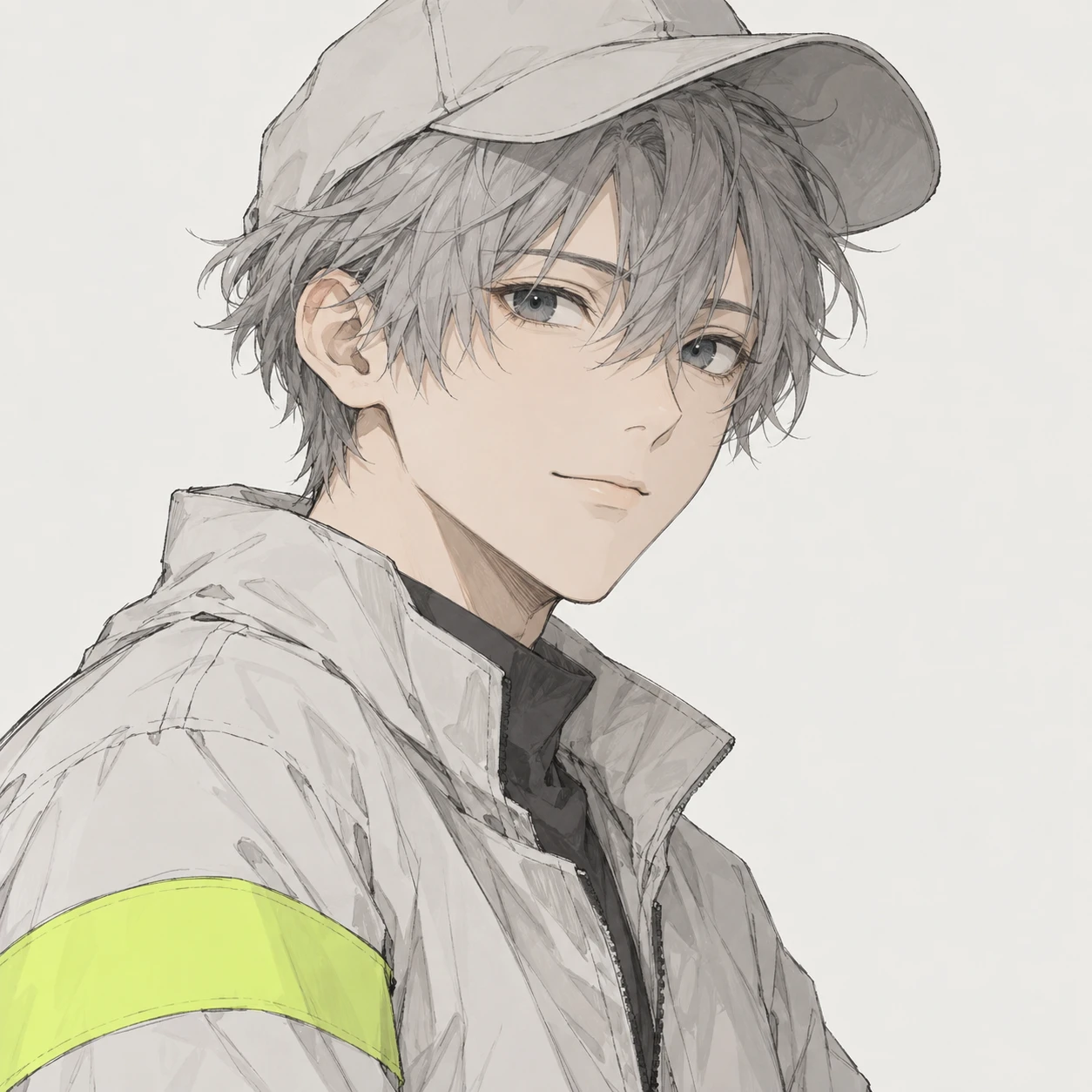 無地を背にした斜め向きの見守りの腕章の男性のイラスト（手描き風）