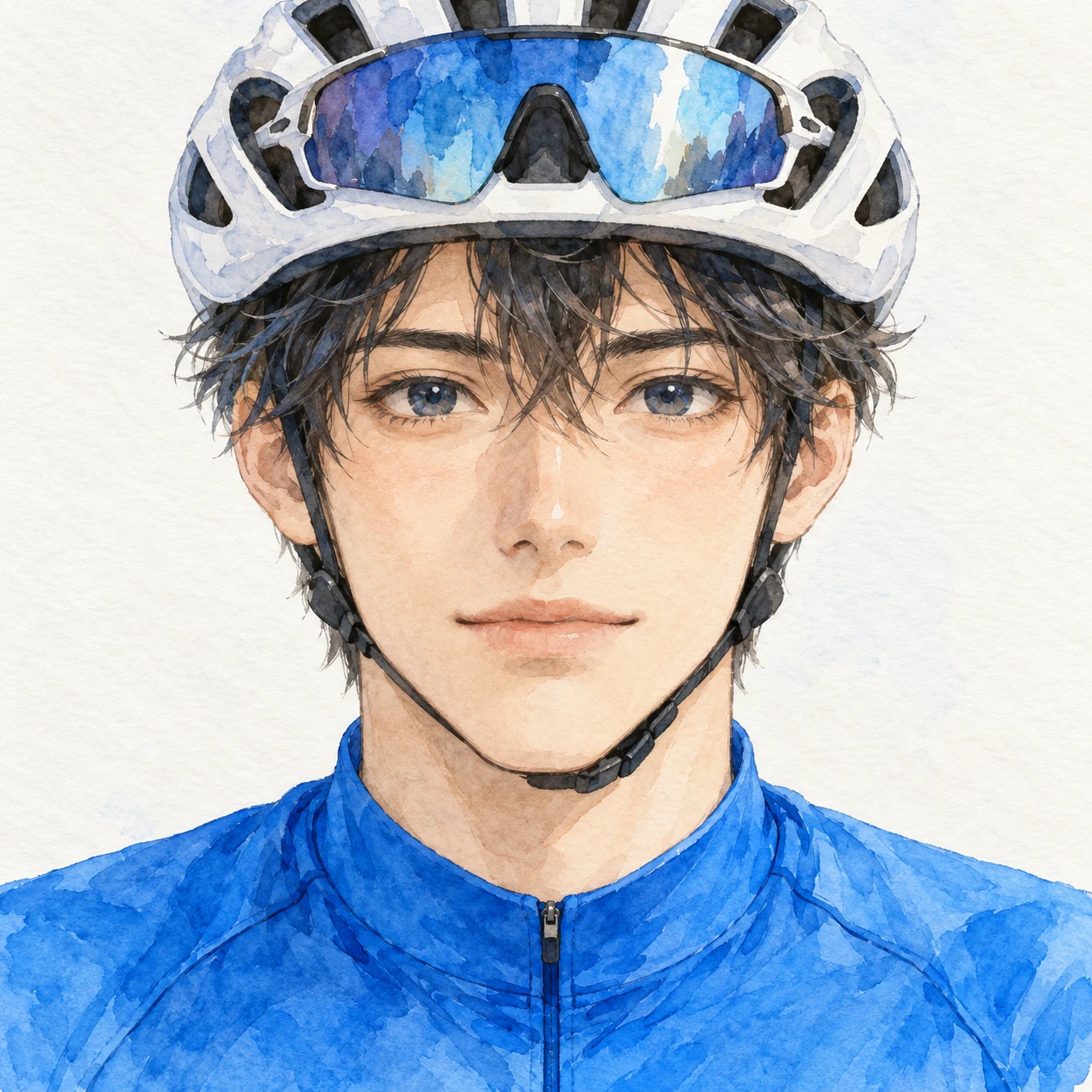 Illustration of one young man drawn in an anime style in a sleek white cycling helmet and a plain bright blue cycling jersey with sport sunglasses resting on top of the helmet, his head and shoulders seen straight from the front with both eyes looking at the viewer and a calm closed-mouth expression, closely cropped so the head and shoulders fill most of the picture, hands not visible, a plain pale background behind him, the lower edge left as empty background with nothing written on it (watercolor)