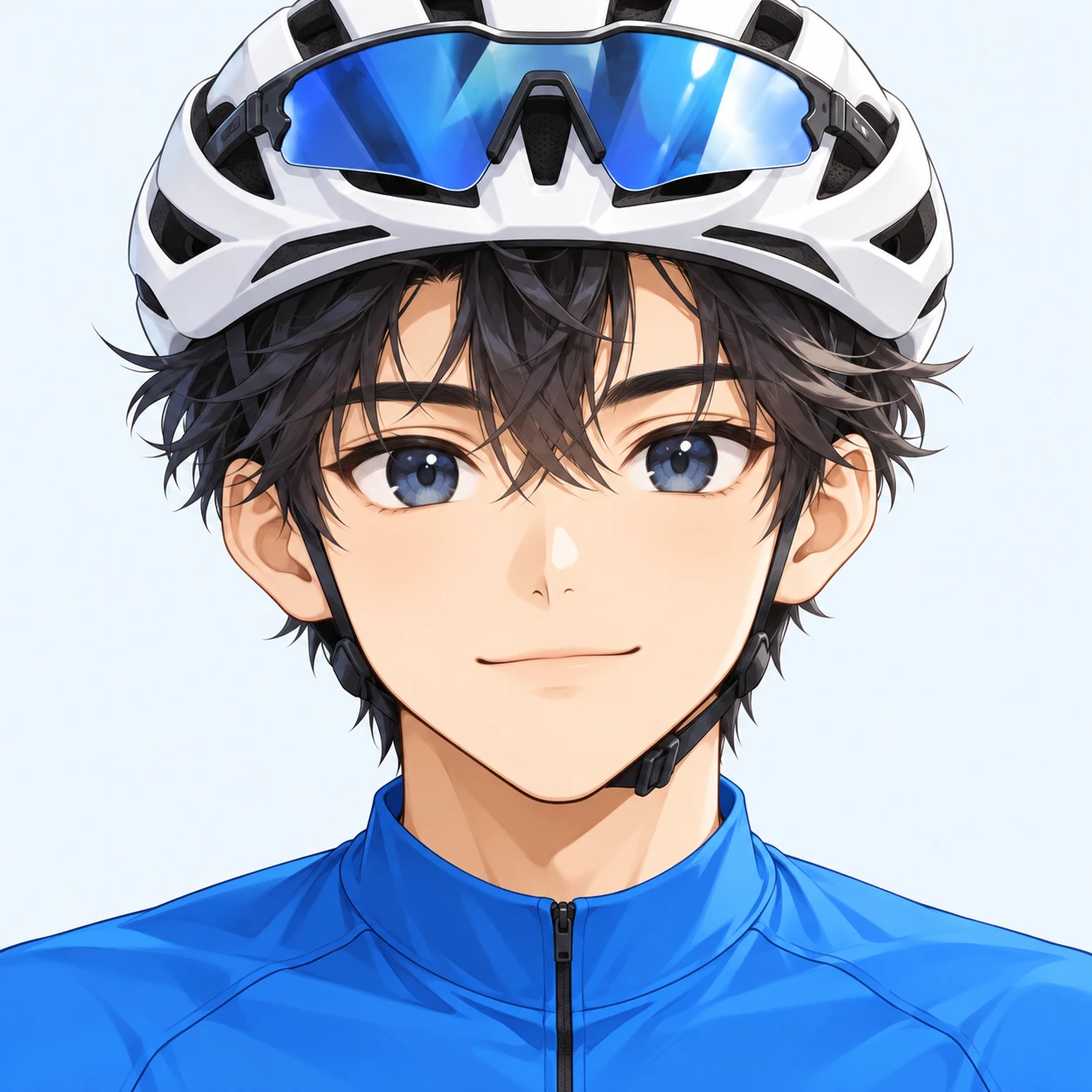 Illustration of one young man drawn in an anime style in a sleek white cycling helmet and a plain bright blue cycling jersey with sport sunglasses resting on top of the helmet, his head and shoulders seen straight from the front with both eyes looking at the viewer and a calm closed-mouth expression, closely cropped so the head and shoulders fill most of the picture, hands not visible, a plain pale background behind him, the lower edge left as empty background with nothing written on it (chibi)