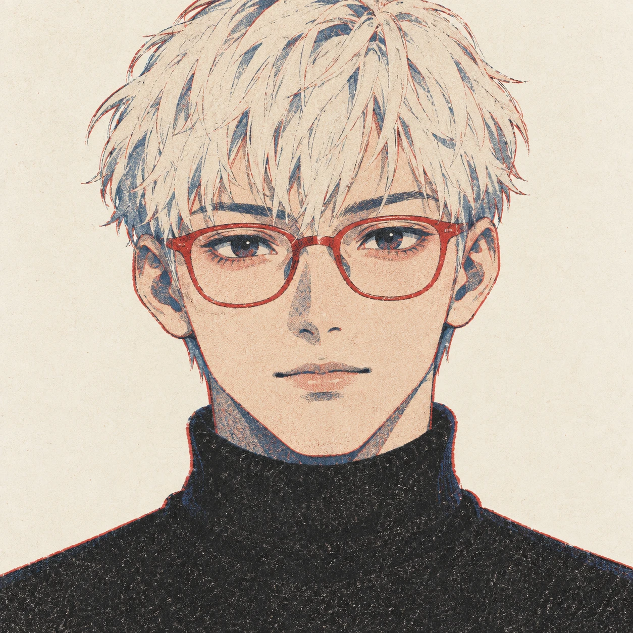 無地を背にした正面向きの黒タートルネックと赤縁眼鏡の男性のイラスト（レトロ印刷）