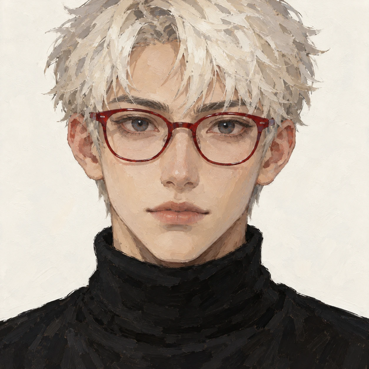 Illustration of one young man drawn in an anime style in a black turtleneck with red framed glasses and a platinum crop, his head and shoulders seen straight from the front with both eyes looking at the viewer and a calm closed-mouth expression, closely cropped so the head and shoulders fill most of the picture, hands not visible, a plain pale background behind him, the lower edge left as empty background with nothing written on it (gouache)