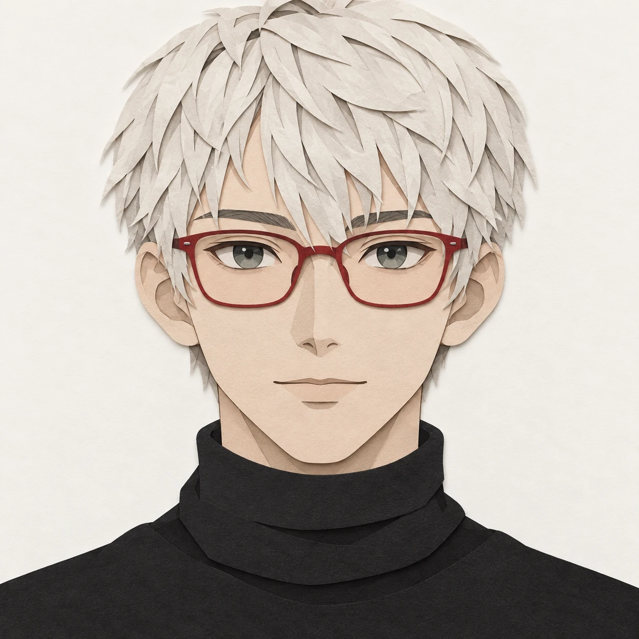 無地を背にした正面向きの黒タートルネックと赤縁眼鏡の男性のイラスト（切り絵）