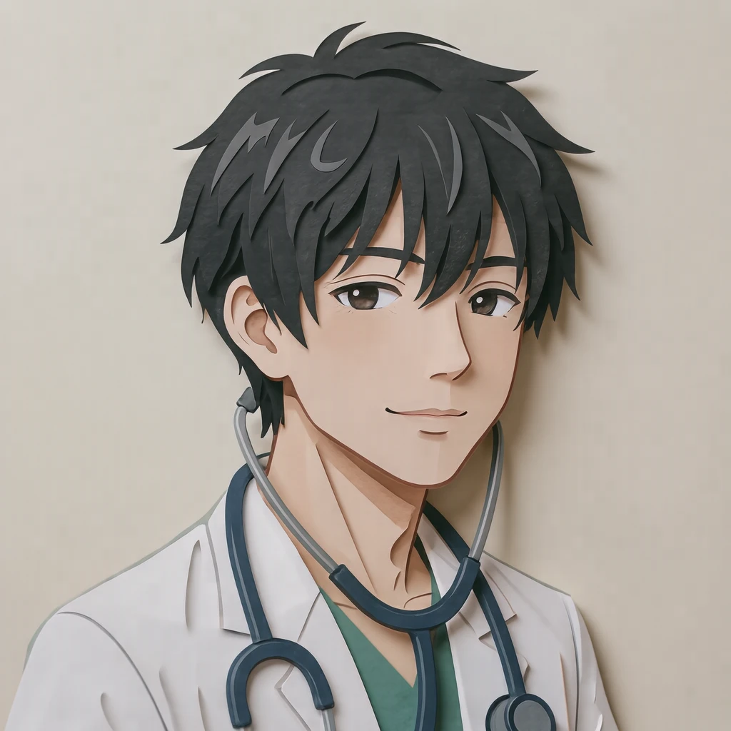 白衣に聴診器をかけた男性のアニメ調プロフィール用画像（切り絵）