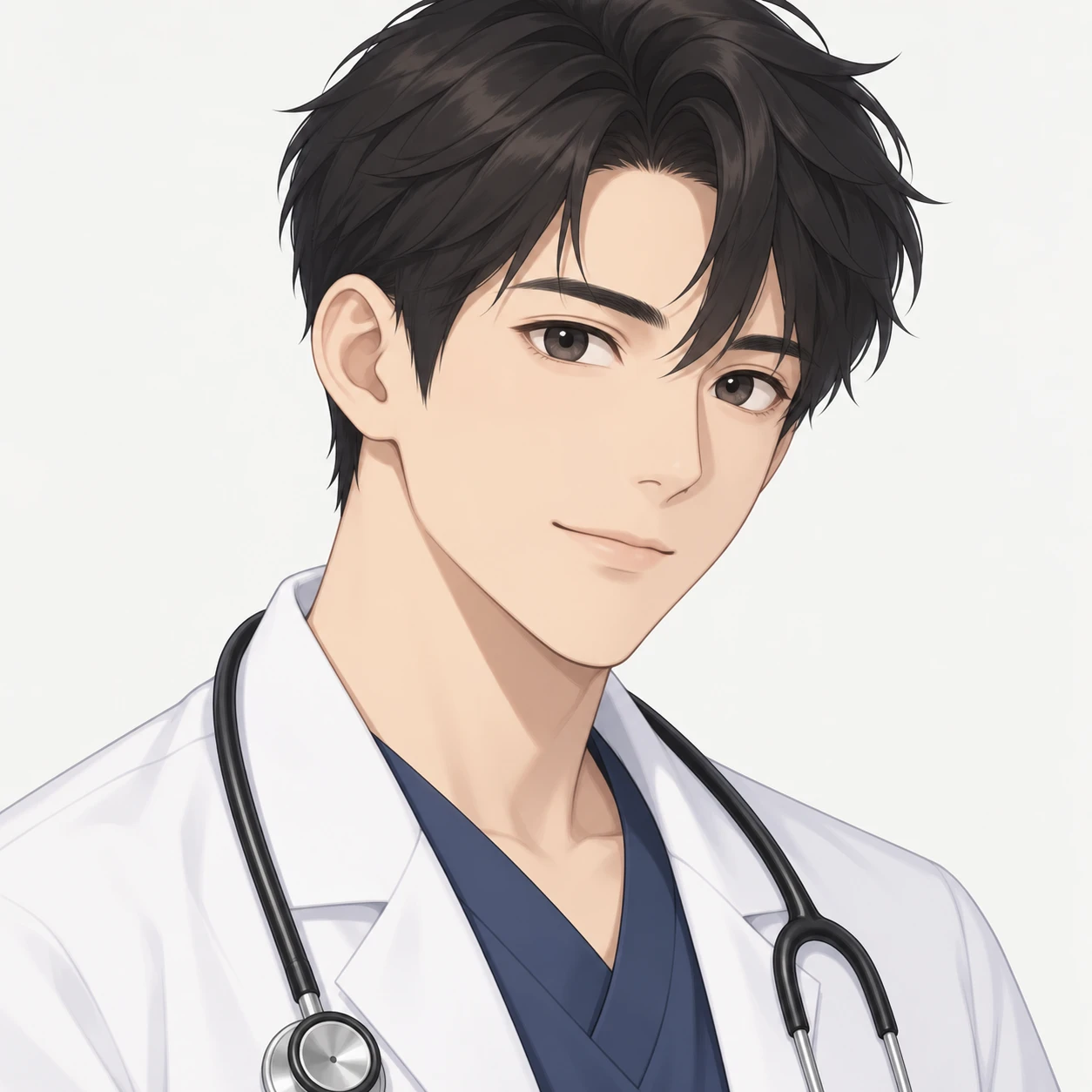 無地を背にした斜め向きの白衣に聴診器の男性のイラスト（アイソメトリック）