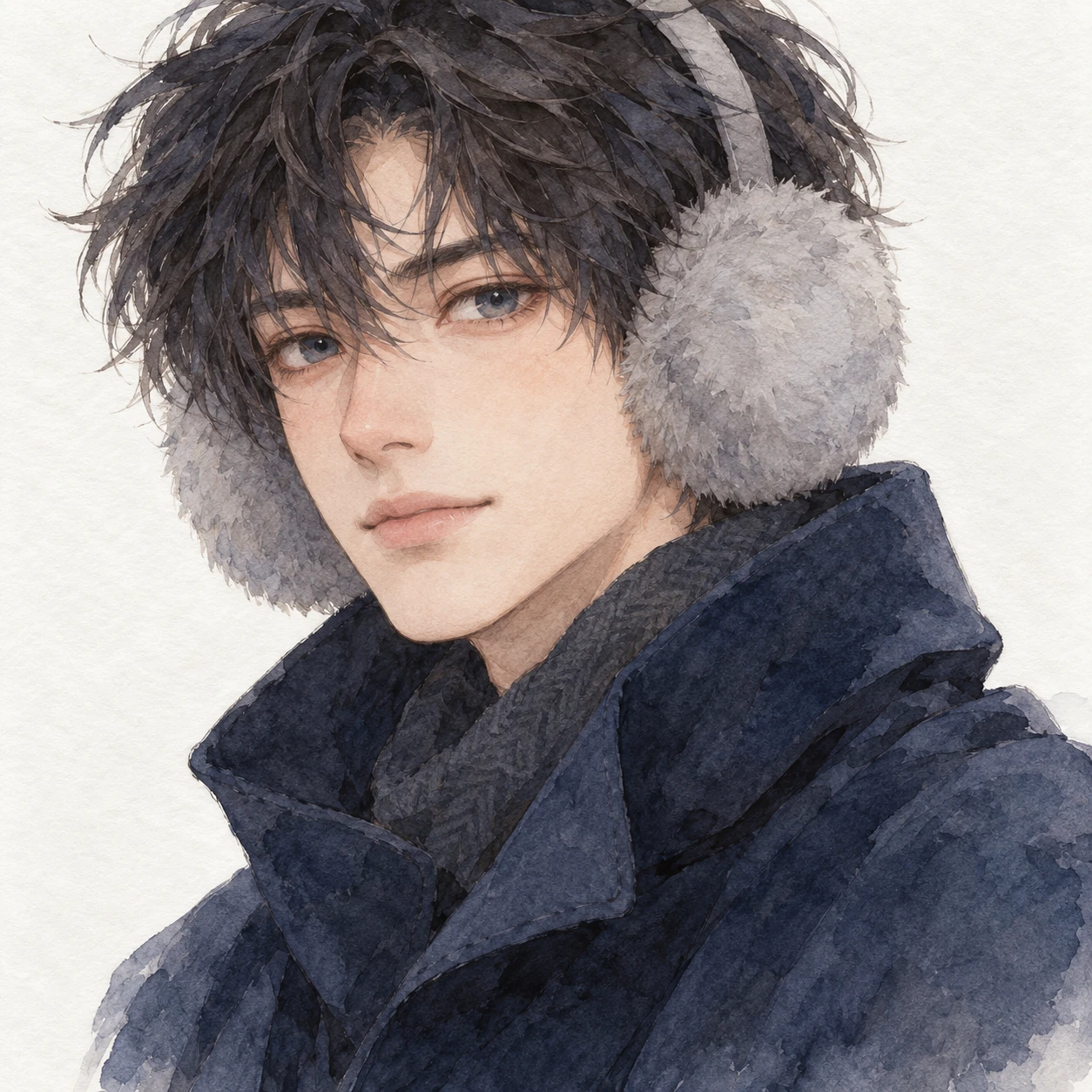 Illustration of one young man drawn in an anime style in fluffy grey earmuffs and a long navy winter coat with the collar turned up, his head and shoulders seen at a three-quarter angle with his face turned slightly to one side, both eyes visible and looking at the viewer with a calm closed-mouth expression, closely cropped so the head and shoulders fill most of the picture, hands not visible, a plain pale background behind him, the lower edge left as empty background with nothing written on it (watercolor)