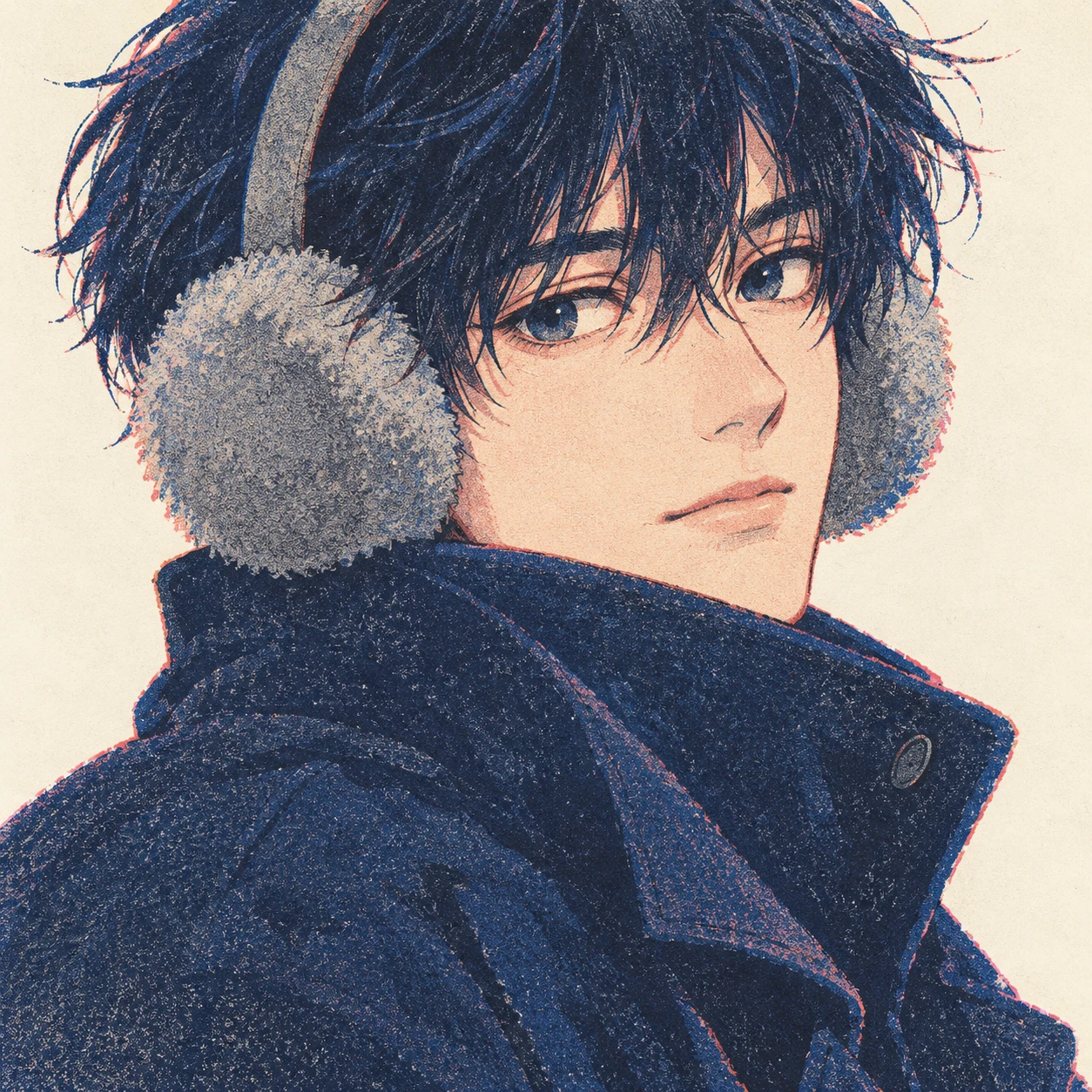 Illustration of one young man drawn in an anime style in fluffy grey earmuffs and a long navy winter coat with the collar turned up, his head and shoulders seen at a three-quarter angle with his face turned slightly to one side, both eyes visible and looking at the viewer with a calm closed-mouth expression, closely cropped so the head and shoulders fill most of the picture, hands not visible, a plain pale background behind him, the lower edge left as empty background with nothing written on it (retro print)