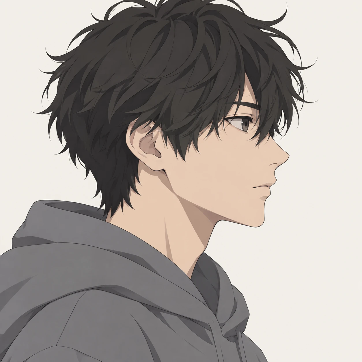 Illustration of one young man drawn in an anime style in a plain grey hoodie with tousled dark hair, his head and shoulders seen in full profile from the side with his gaze level ahead and a calm closed-mouth expression, closely cropped so the head and shoulders fill most of the picture, hands not visible, a plain pale background behind him, the lower edge left as empty background with nothing written on it (flat illustration)
