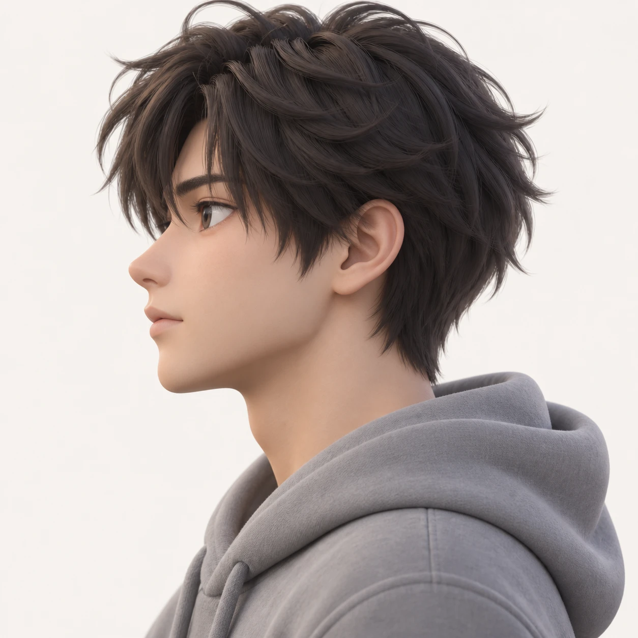 Illustration of one young man drawn in an anime style in a plain grey hoodie with tousled dark hair, his head and shoulders seen in full profile from the side with his gaze level ahead and a calm closed-mouth expression, closely cropped so the head and shoulders fill most of the picture, hands not visible, a plain pale background behind him, the lower edge left as empty background with nothing written on it (soft 3D)