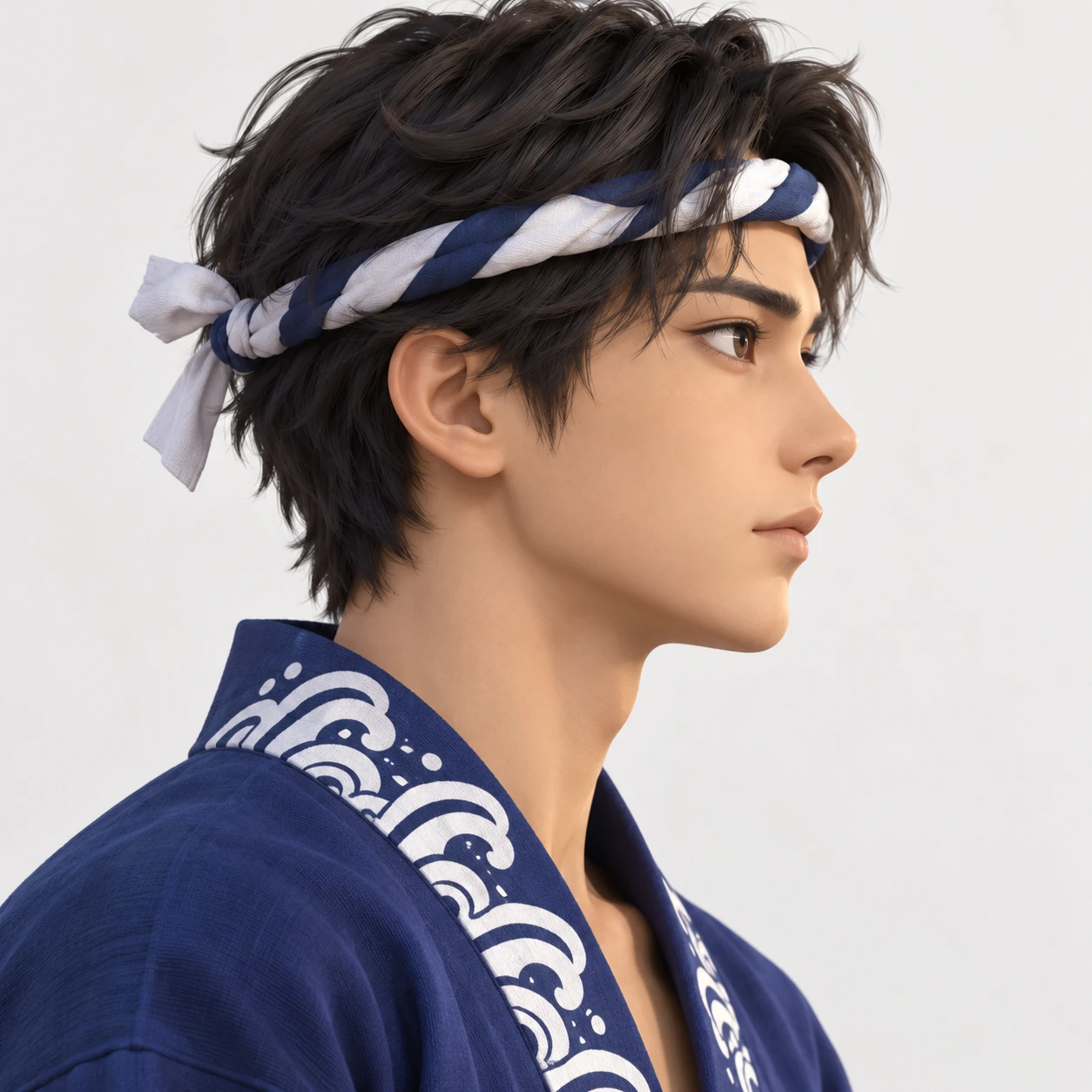 Illustration of one young man drawn in an anime style in a plain indigo festival happi coat with a white wave pattern along the collar and a twisted cloth headband around his forehead, his head and shoulders seen in full profile from the side with his gaze level ahead and a calm closed-mouth expression, closely cropped so the head and shoulders fill most of the picture, hands not visible, a plain pale background behind him, the lower edge left as empty background with nothing written on it (soft 3D)