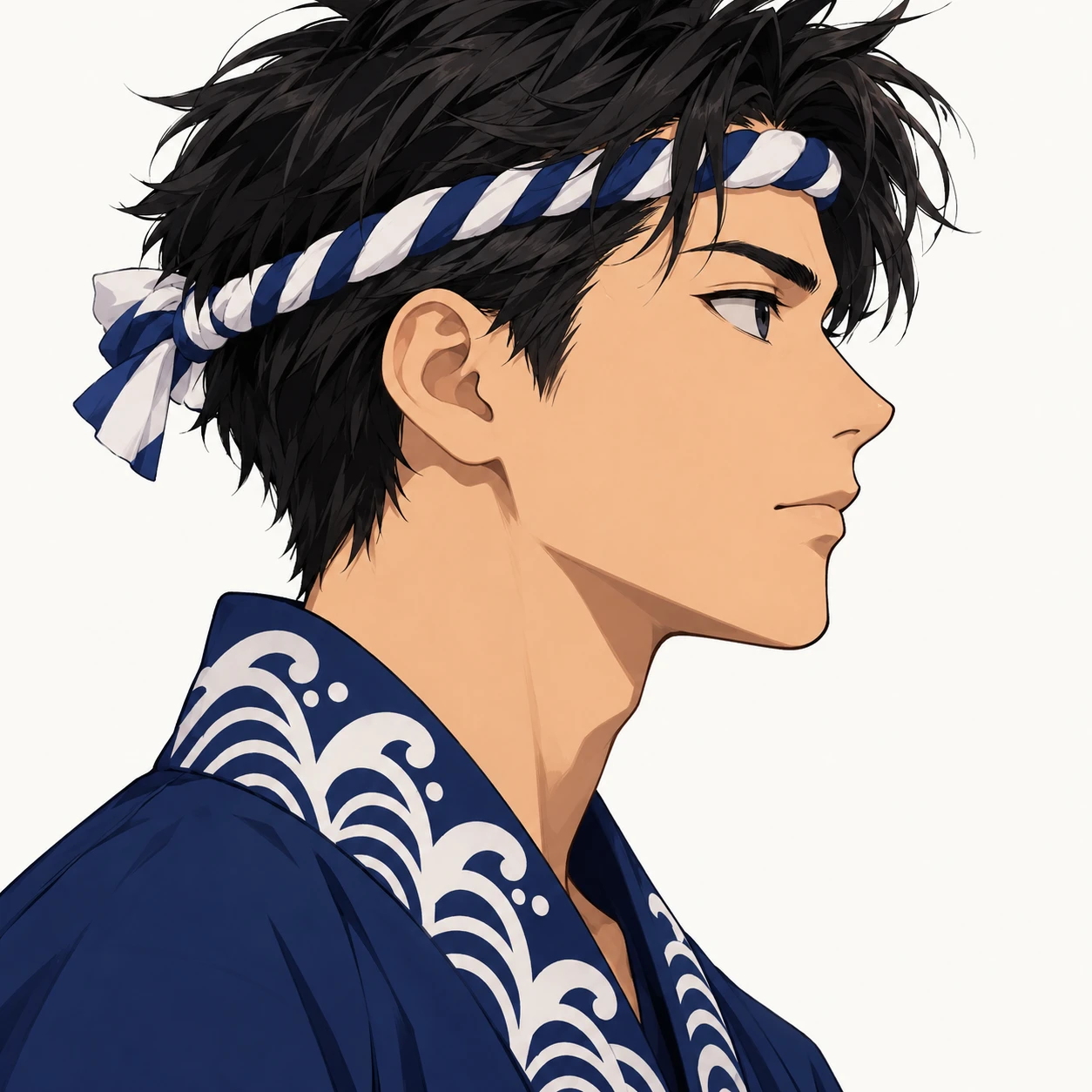 Illustration of one young man drawn in an anime style in a plain indigo festival happi coat with a white wave pattern along the collar and a twisted cloth headband around his forehead, his head and shoulders seen in full profile from the side with his gaze level ahead and a calm closed-mouth expression, closely cropped so the head and shoulders fill most of the picture, hands not visible, a plain pale background behind him, the lower edge left as empty background with nothing written on it (bold graphic)