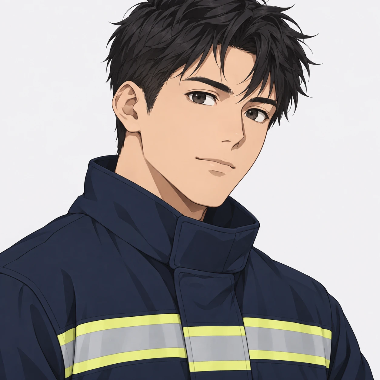 Illustration of one young man drawn in an anime style in a navy fire-service jacket with reflective bands across the chest and short black hair, his head and shoulders seen at a three-quarter angle with his face turned slightly to one side, both eyes visible and looking at the viewer with a calm closed-mouth expression, closely cropped so the head and shoulders fill most of the picture, hands not visible, a plain pale background behind him, the lower edge left as empty background with nothing written on it (simple line art)