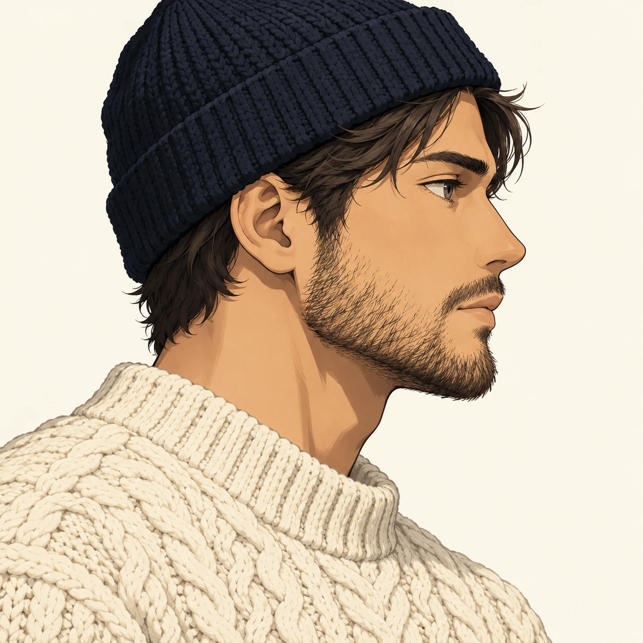 Illustration of one young man drawn in an anime style in a cream cable-knit fisherman sweater and a dark knitted watch cap with a short trimmed beard, his head and shoulders seen in full profile from the side with his gaze level ahead and a calm closed-mouth expression, closely cropped so the head and shoulders fill most of the picture, hands not visible, a plain pale background behind him, the lower edge left as empty background with nothing written on it (bold graphic)