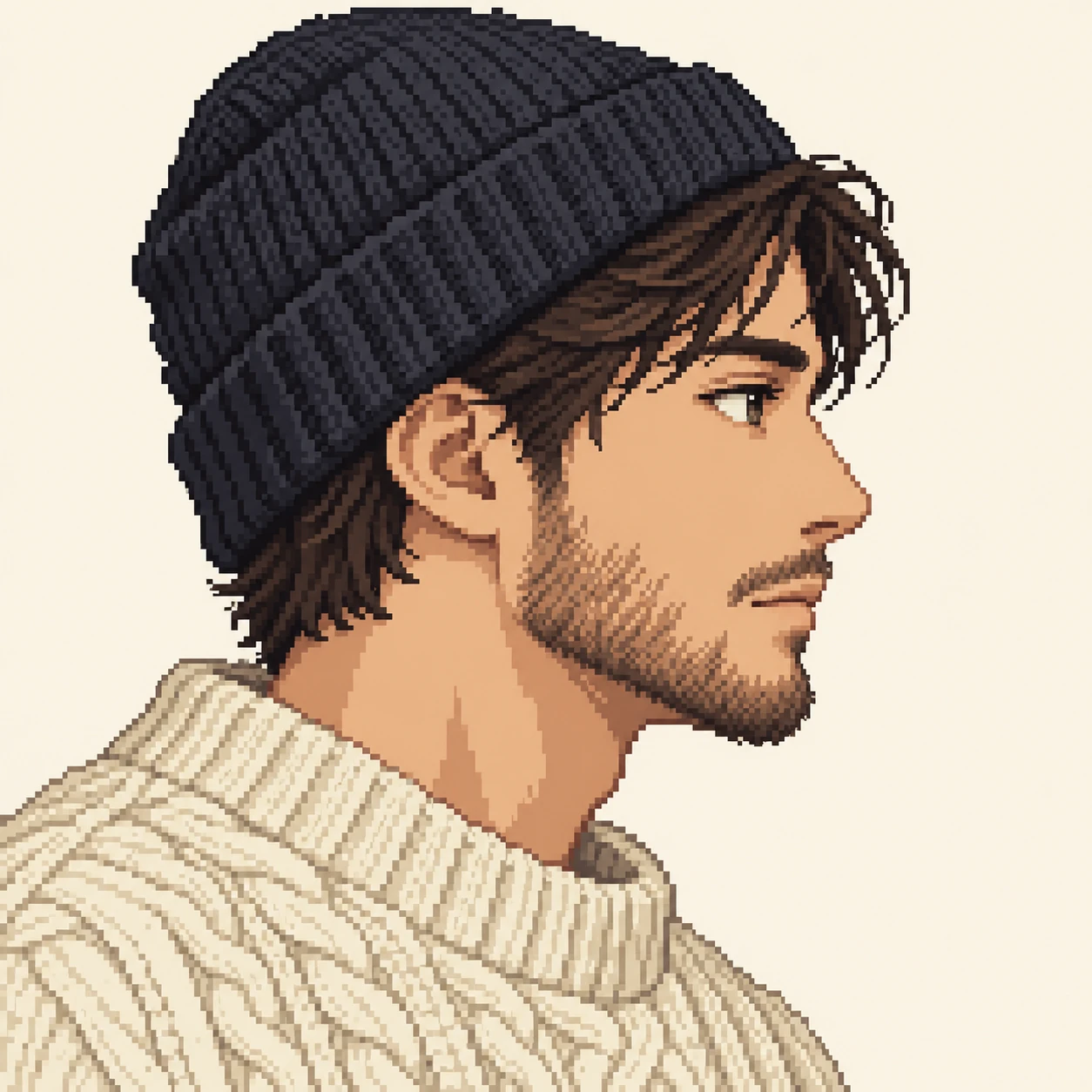 Illustration of one young man drawn in an anime style in a cream cable-knit fisherman sweater and a dark knitted watch cap with a short trimmed beard, his head and shoulders seen in full profile from the side with his gaze level ahead and a calm closed-mouth expression, closely cropped so the head and shoulders fill most of the picture, hands not visible, a plain pale background behind him, the lower edge left as empty background with nothing written on it (pixel art)