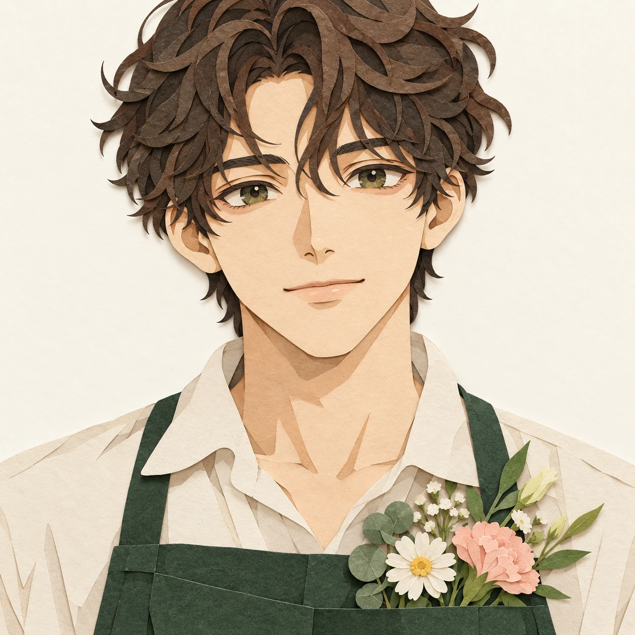 Illustration of one young man drawn in an anime style in a dark green florist's apron with a few fresh flowers tucked into the bib pocket and short wavy hair, his head and shoulders seen straight from the front with both eyes looking at the viewer and a calm closed-mouth expression, closely cropped so the head and shoulders fill most of the picture, hands not visible, a plain pale background behind him, the lower edge left as empty background with nothing written on it (paper cut-out)