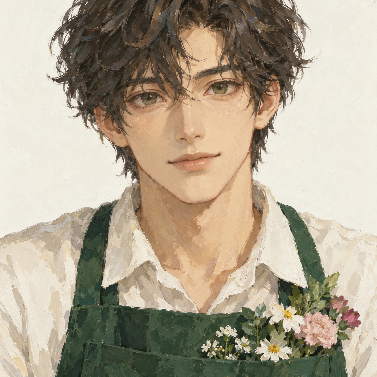 Illustration of one young man drawn in an anime style in a dark green florist's apron with a few fresh flowers tucked into the bib pocket and short wavy hair, his head and shoulders seen straight from the front with both eyes looking at the viewer and a calm closed-mouth expression, closely cropped so the head and shoulders fill most of the picture, hands not visible, a plain pale background behind him, the lower edge left as empty background with nothing written on it (gouache)