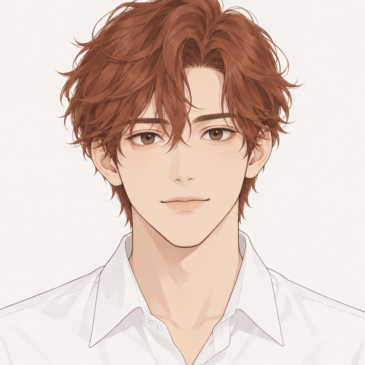 Illustration of one young man drawn in an anime style in a crisp white shirt with wavy auburn hair, his head and shoulders seen straight from the front with both eyes looking at the viewer and a calm closed-mouth expression, closely cropped so the head and shoulders fill most of the picture, hands not visible, a plain pale background behind him, the lower edge left as empty background with nothing written on it (simple line art)