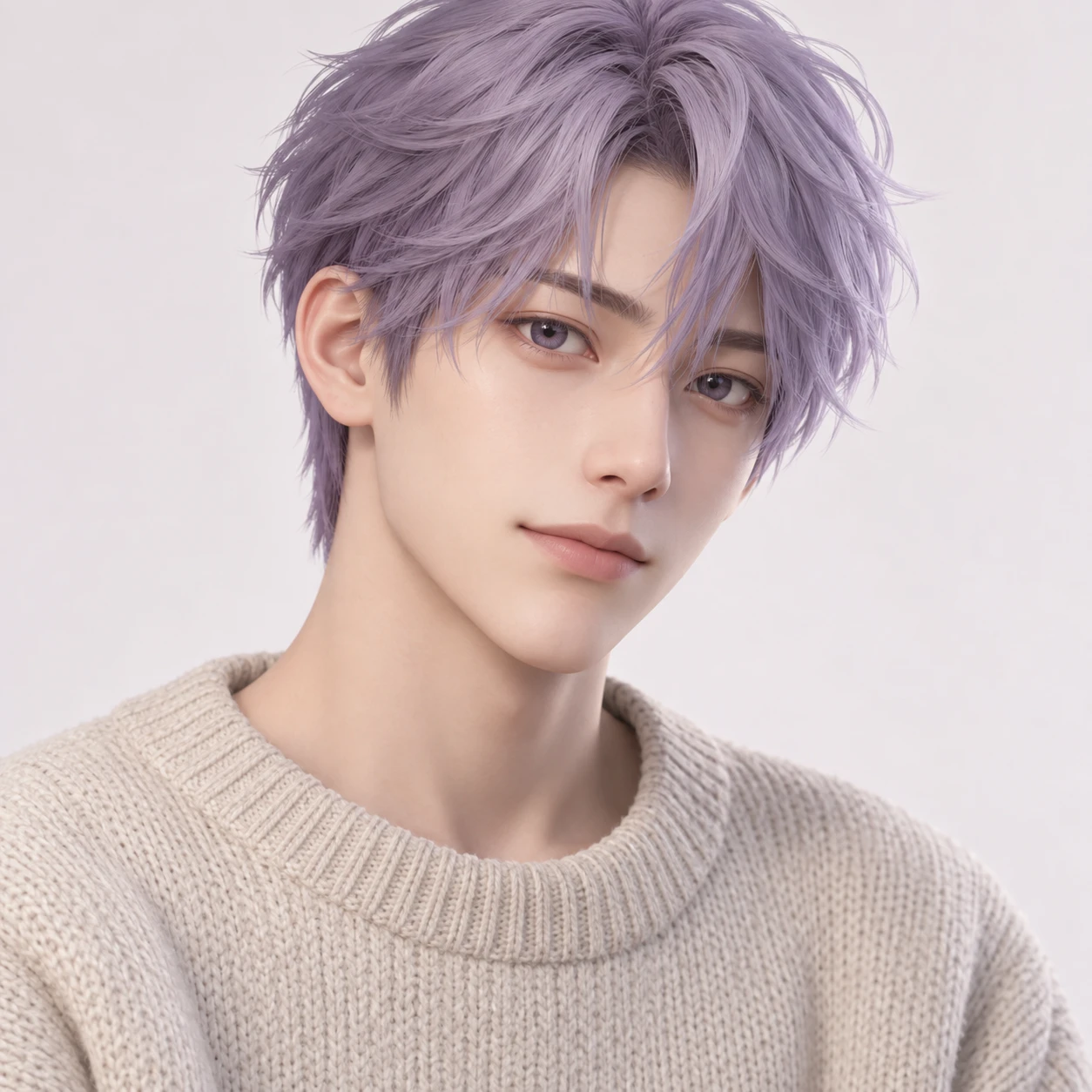 Illustration of one young man drawn in an anime style in a loose oatmeal knit jumper with soft lavender hair, his head and shoulders seen at a three-quarter angle with his face turned slightly to one side, both eyes visible and looking at the viewer with a calm closed-mouth expression, closely cropped so the head and shoulders fill most of the picture, hands not visible, a plain pale background behind him, the lower edge left as empty background with nothing written on it (soft 3D)