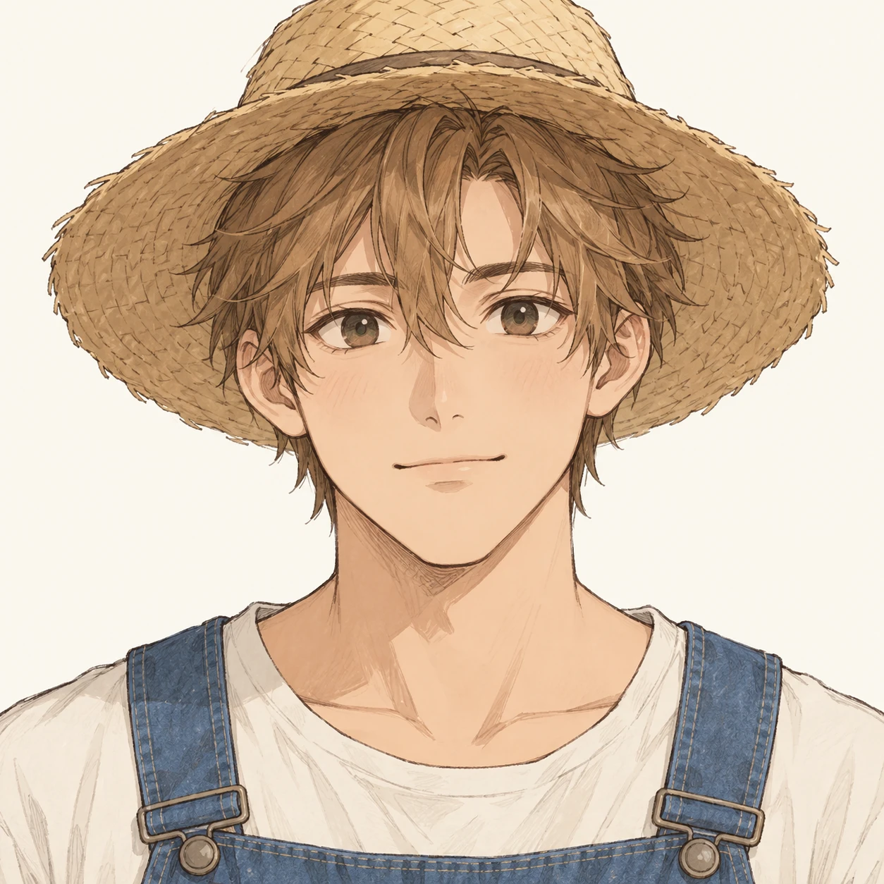 無地を背にした正面向きのオーバーオールと麦わら帽子の男性のイラスト（手描き風）