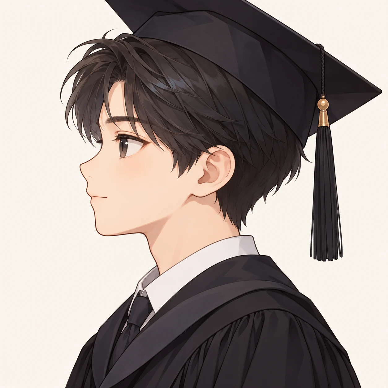 Illustration of one young man drawn in an anime style in a dark graduation gown and a square graduation cap with a tassel over short neat hair, his head and shoulders seen in full profile from the side with his gaze level ahead and a calm closed-mouth expression, closely cropped so the head and shoulders fill most of the picture, hands not visible, a plain pale background behind him, the lower edge left as empty background with nothing written on it (chibi)