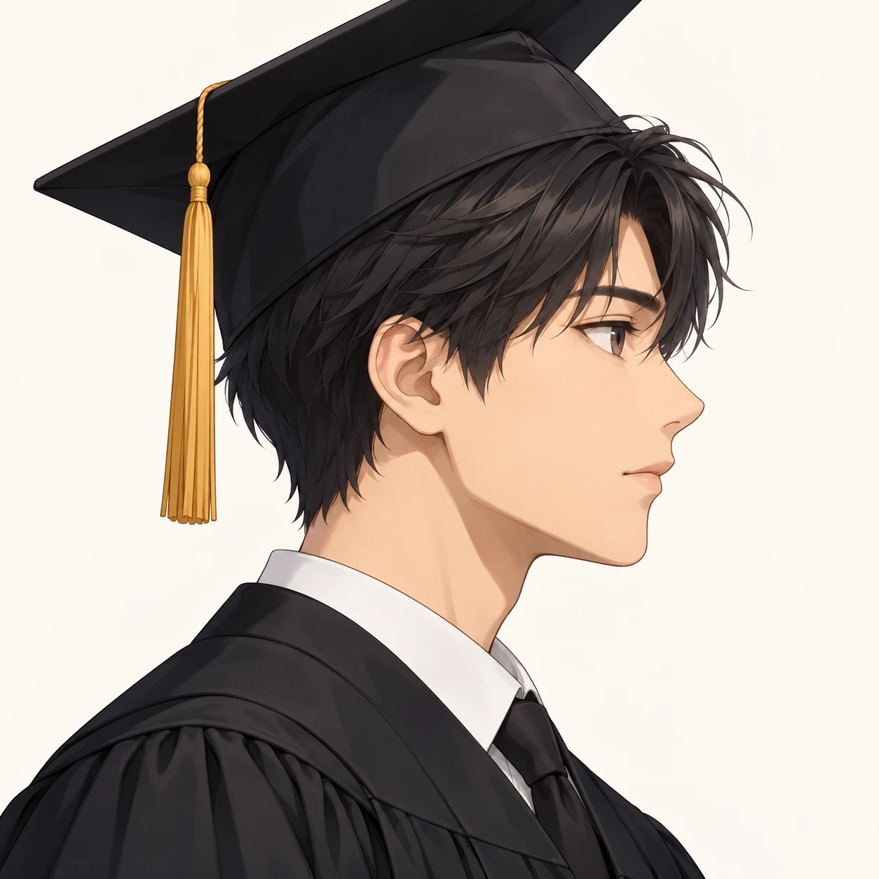 Illustration of one young man drawn in an anime style in a dark graduation gown and a square graduation cap with a tassel over short neat hair, his head and shoulders seen in full profile from the side with his gaze level ahead and a calm closed-mouth expression, closely cropped so the head and shoulders fill most of the picture, hands not visible, a plain pale background behind him, the lower edge left as empty background with nothing written on it (isometric)