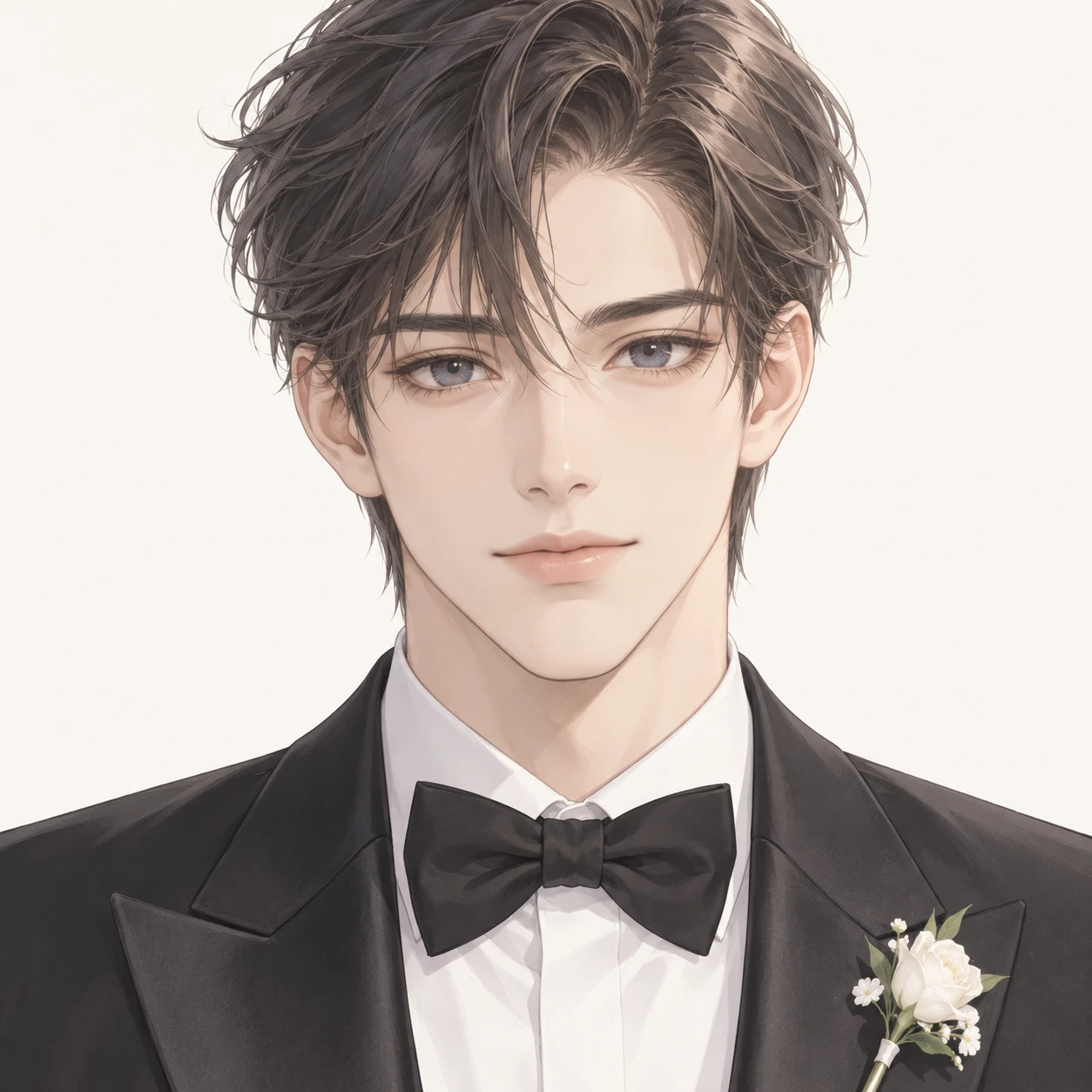 Illustration of one young man drawn in an anime style in a black wedding tuxedo with a white shirt, a black bow tie and a small white flower on the lapel and neatly styled hair, his head and shoulders seen straight from the front with both eyes looking at the viewer and a calm closed-mouth expression, closely cropped so the head and shoulders fill most of the picture, hands not visible, a plain pale background behind him, the lower edge left as empty background with nothing written on it (soft pastel)