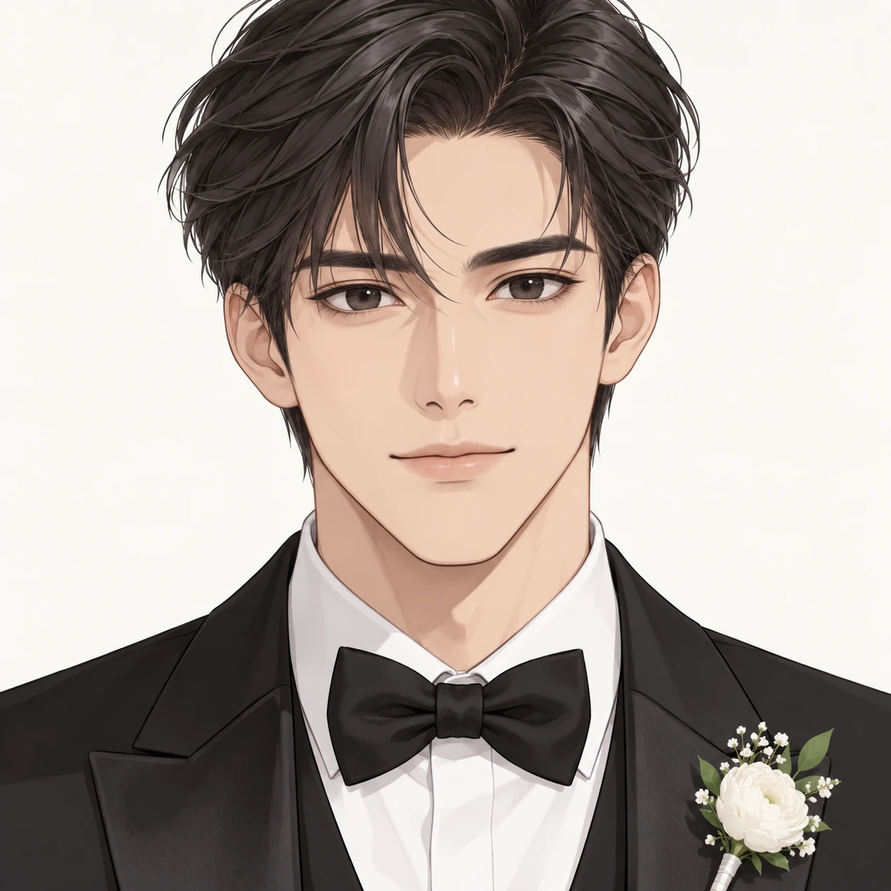 Illustration of one young man drawn in an anime style in a black wedding tuxedo with a white shirt, a black bow tie and a small white flower on the lapel and neatly styled hair, his head and shoulders seen straight from the front with both eyes looking at the viewer and a calm closed-mouth expression, closely cropped so the head and shoulders fill most of the picture, hands not visible, a plain pale background behind him, the lower edge left as empty background with nothing written on it (flat illustration)