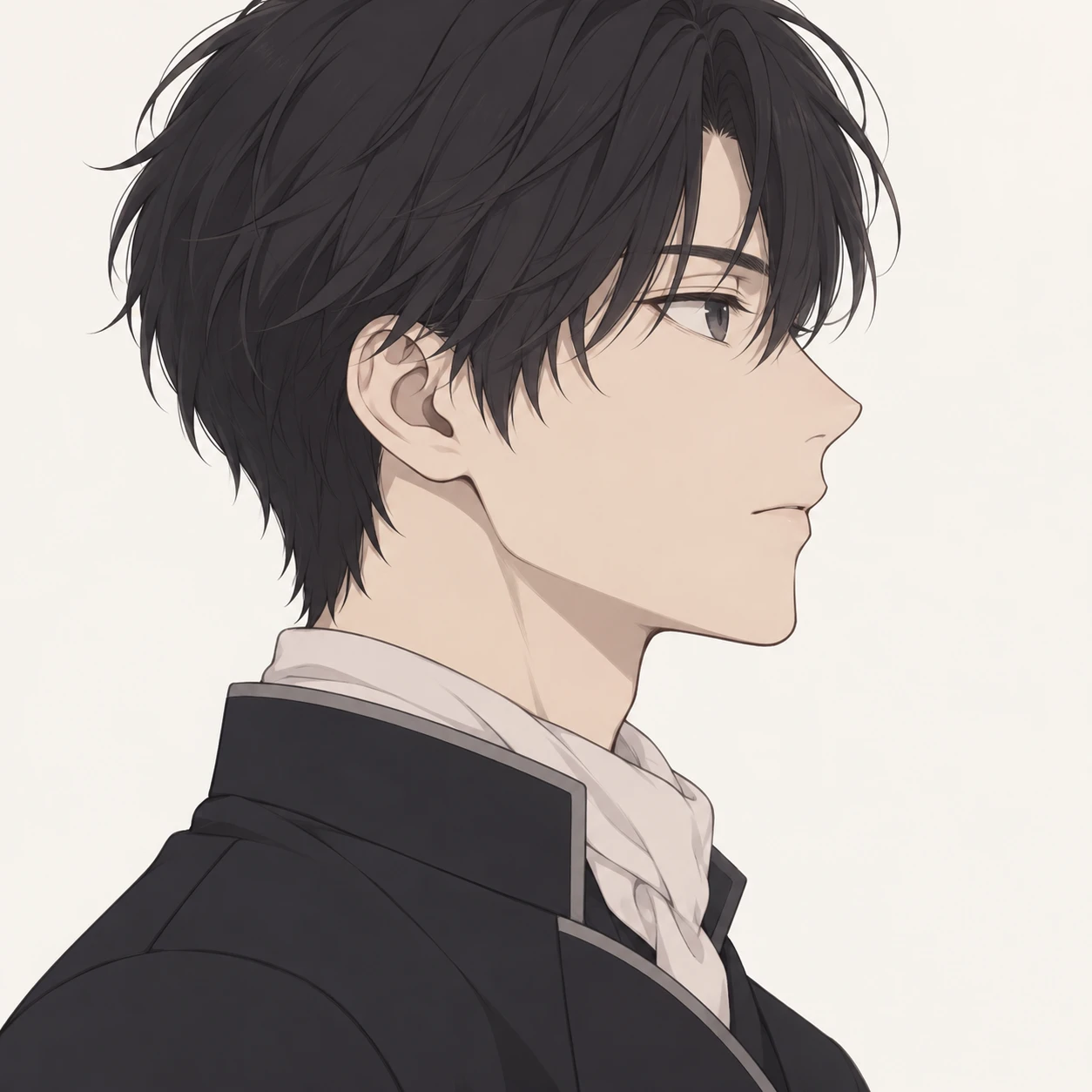 Illustration of one young man drawn in an anime style in a neat uniform jacket with a folded scarf at the collar and dark hair, his head and shoulders seen in full profile from the side with his gaze level ahead and a calm closed-mouth expression, closely cropped so the head and shoulders fill most of the picture, hands not visible, a plain pale background behind him, the lower edge left as empty background with nothing written on it (simple line art)