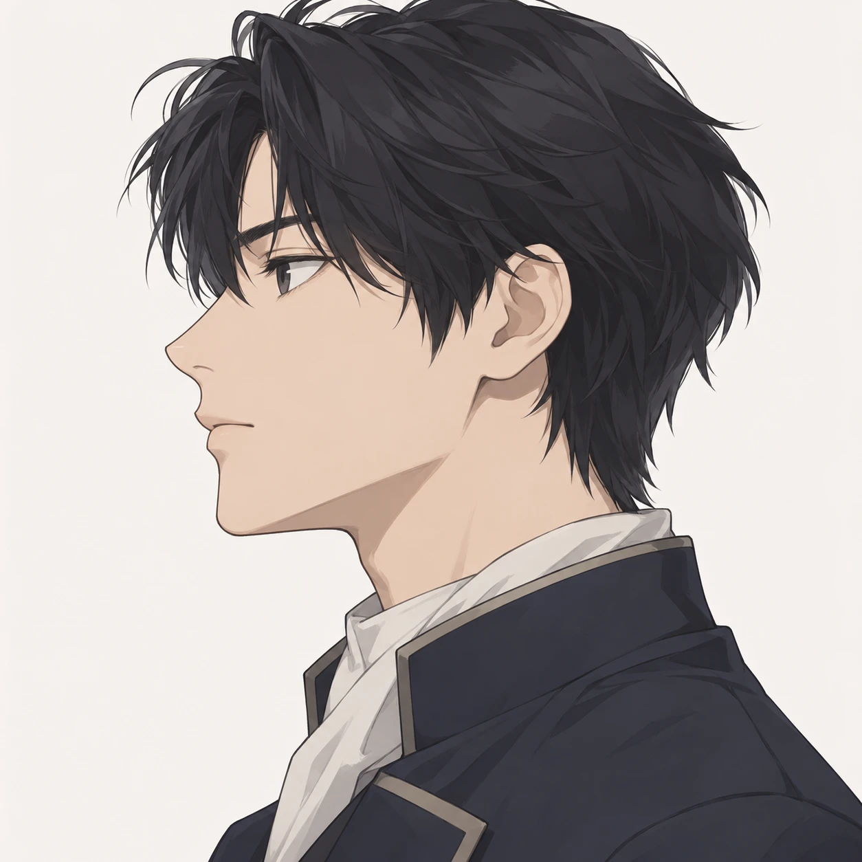Illustration of one young man drawn in an anime style in a neat uniform jacket with a folded scarf at the collar and dark hair, his head and shoulders seen in full profile from the side with his gaze level ahead and a calm closed-mouth expression, closely cropped so the head and shoulders fill most of the picture, hands not visible, a plain pale background behind him, the lower edge left as empty background with nothing written on it (loose cartoon)
