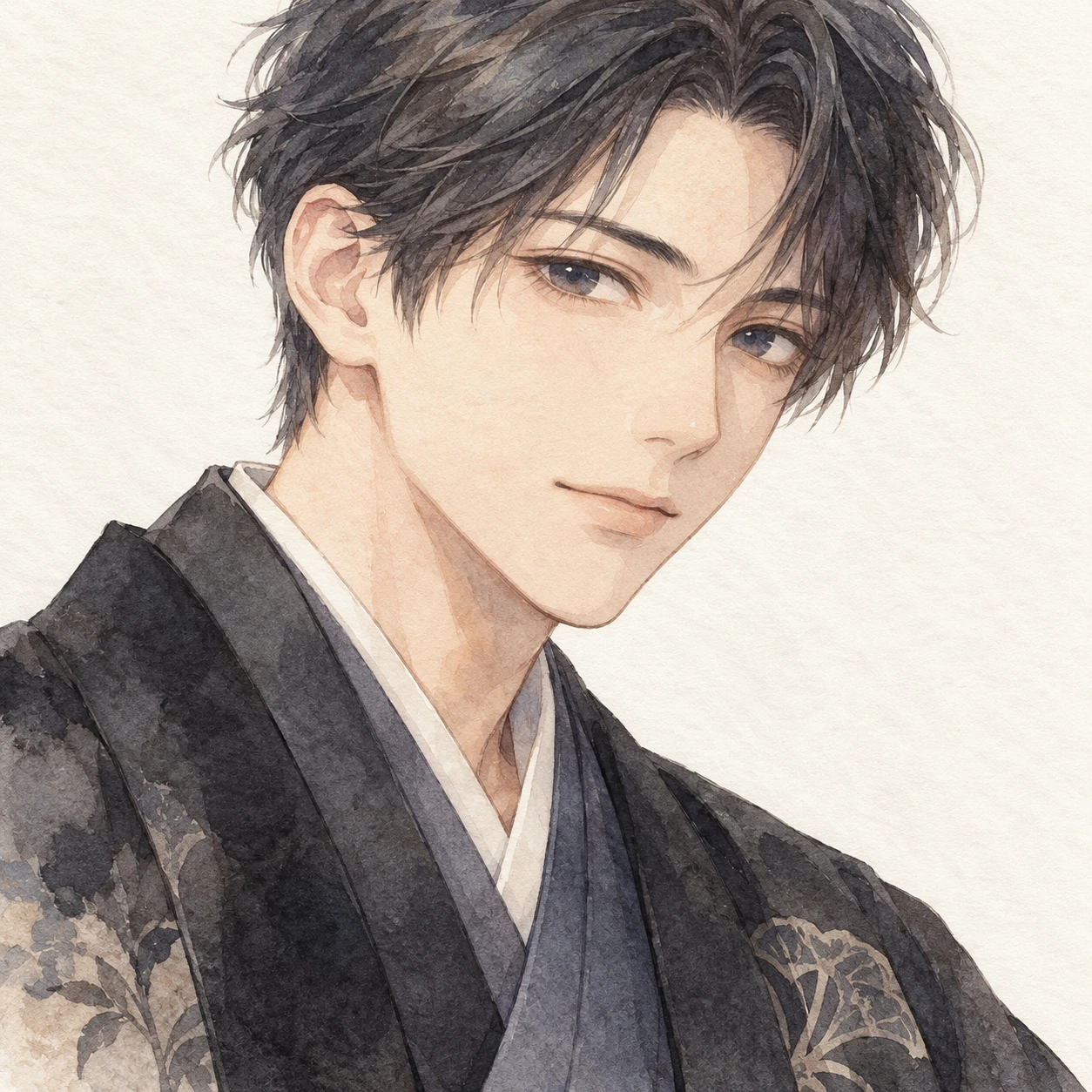 Illustration of one young man drawn in an anime style in a dark New Year haori jacket over a kimono with neatly combed short hair, his head and shoulders seen at a three-quarter angle with his face turned slightly to one side, both eyes visible and looking at the viewer with a calm closed-mouth expression, closely cropped so the head and shoulders fill most of the picture, hands not visible, a plain pale background behind him, the lower edge left as empty background with nothing written on it (watercolor)