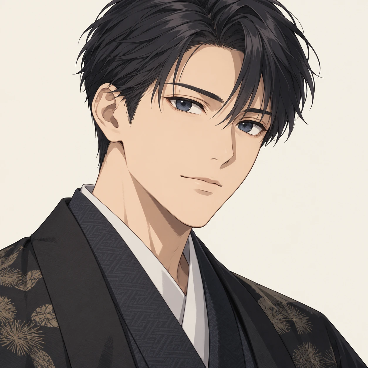 Illustration of one young man drawn in an anime style in a dark New Year haori jacket over a kimono with neatly combed short hair, his head and shoulders seen at a three-quarter angle with his face turned slightly to one side, both eyes visible and looking at the viewer with a calm closed-mouth expression, closely cropped so the head and shoulders fill most of the picture, hands not visible, a plain pale background behind him, the lower edge left as empty background with nothing written on it (anime cel-shaded)