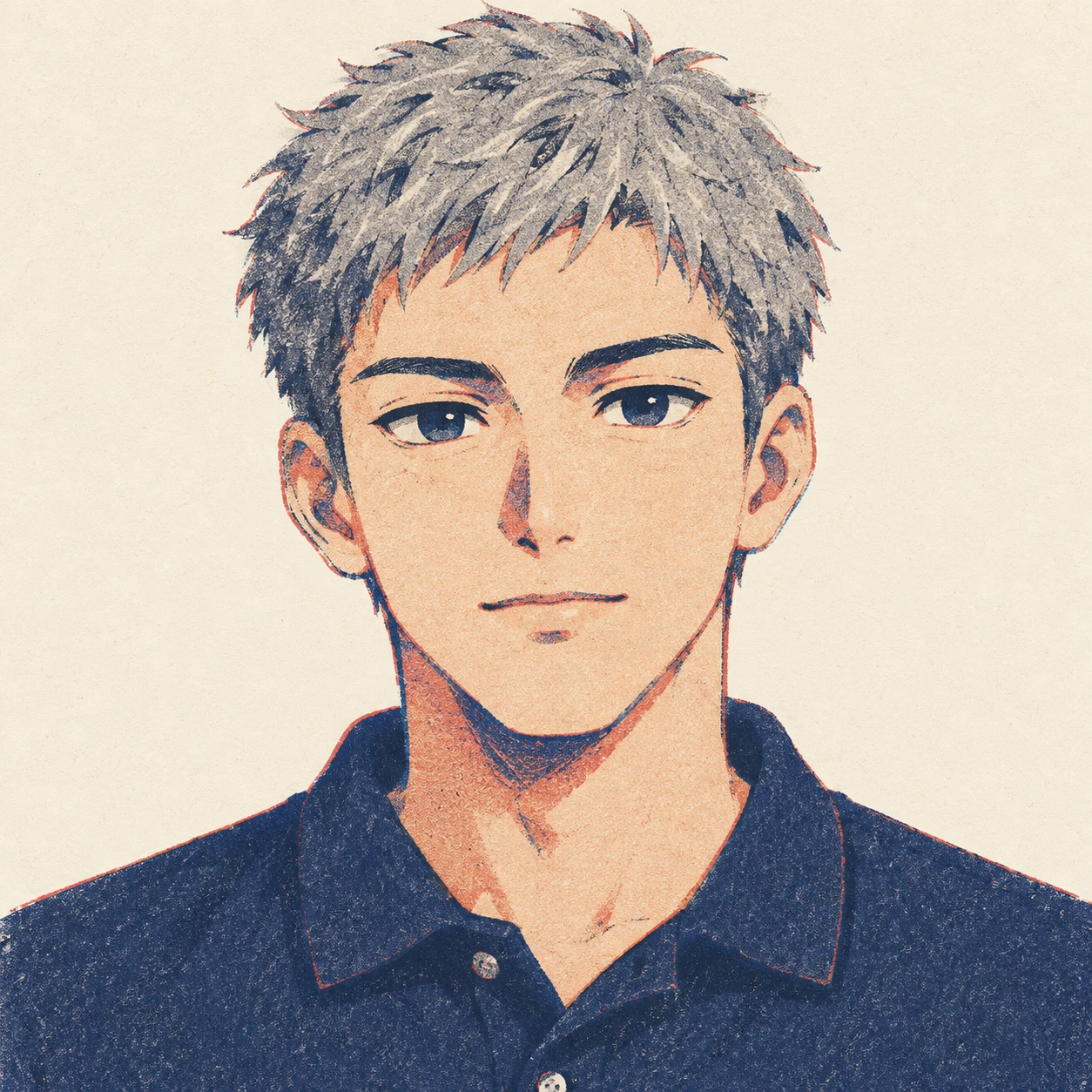 Illustration of one young man drawn in an anime style in a plain navy polo shirt with cropped grey hair, his head and shoulders seen straight from the front with both eyes looking at the viewer and a calm closed-mouth expression, closely cropped so the head and shoulders fill most of the picture, hands not visible, a plain pale background behind him, the lower edge left as empty background with nothing written on it (retro print)