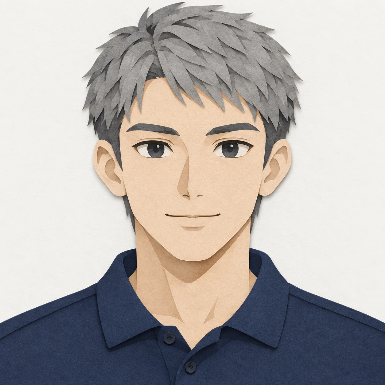Illustration of one young man drawn in an anime style in a plain navy polo shirt with cropped grey hair, his head and shoulders seen straight from the front with both eyes looking at the viewer and a calm closed-mouth expression, closely cropped so the head and shoulders fill most of the picture, hands not visible, a plain pale background behind him, the lower edge left as empty background with nothing written on it (paper cut-out)