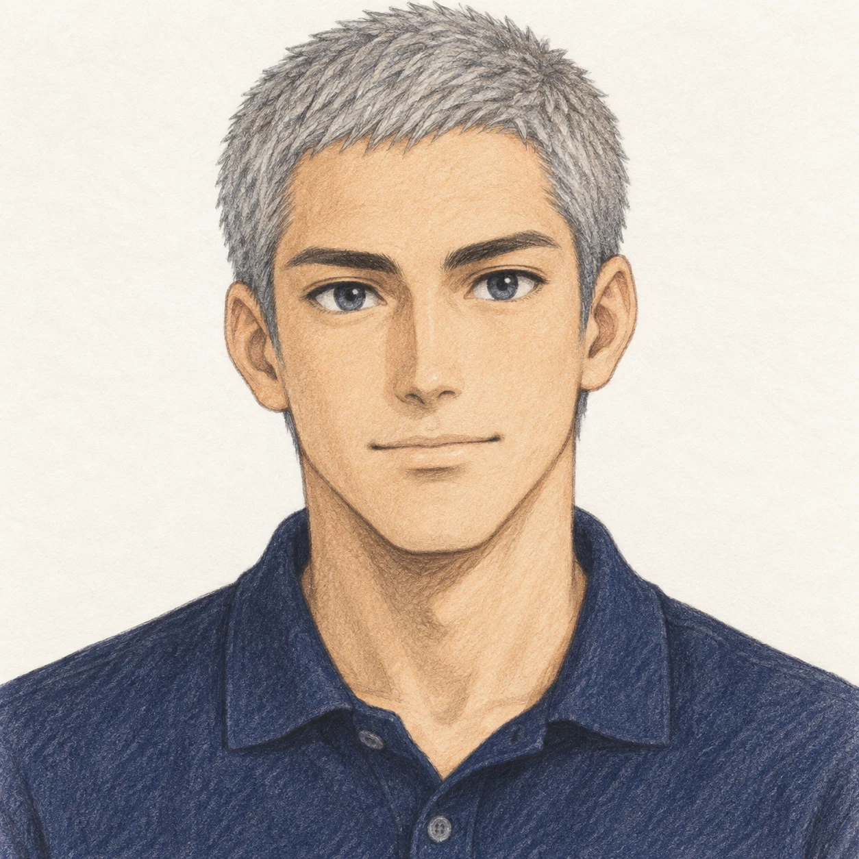 Illustration of one young man drawn in an anime style in a plain navy polo shirt with cropped grey hair, his head and shoulders seen straight from the front with both eyes looking at the viewer and a calm closed-mouth expression, closely cropped so the head and shoulders fill most of the picture, hands not visible, a plain pale background behind him, the lower edge left as empty background with nothing written on it (colored pencil)