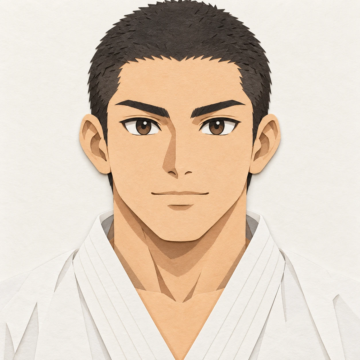 Illustration of one young man drawn in an anime style in a white martial arts uniform with the lapels crossed at the chest and close-cropped hair, his head and shoulders seen straight from the front with both eyes looking at the viewer and a calm closed-mouth expression, closely cropped so the head and shoulders fill most of the picture, hands not visible, a plain pale background behind him, the lower edge left as empty background with nothing written on it (paper cut-out)