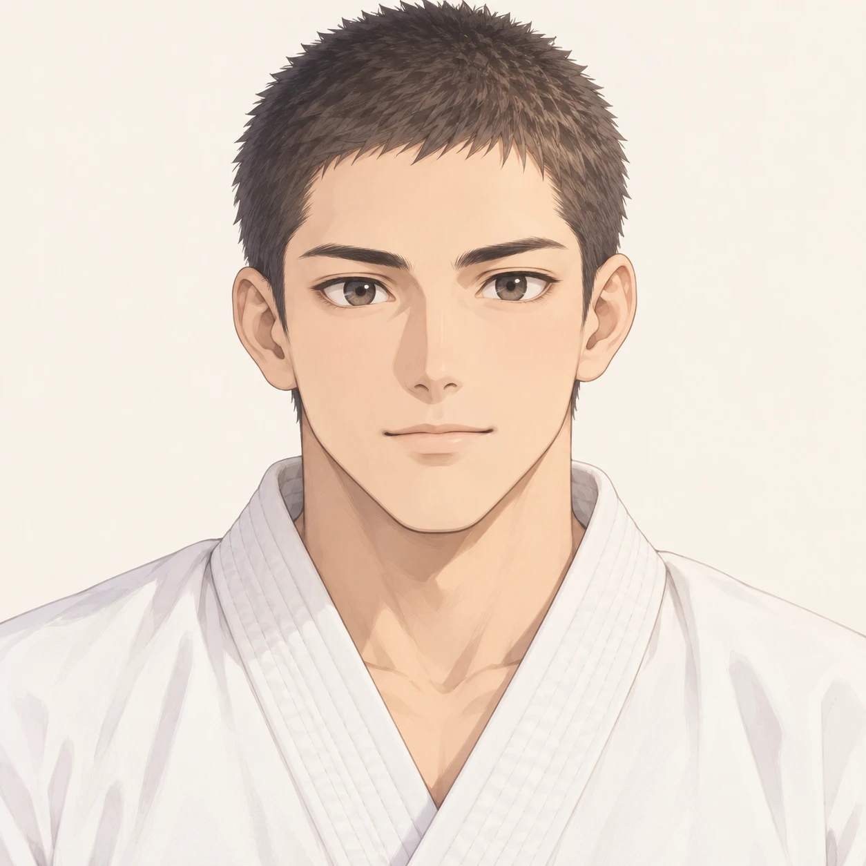 Illustration of one young man drawn in an anime style in a white martial arts uniform with the lapels crossed at the chest and close-cropped hair, his head and shoulders seen straight from the front with both eyes looking at the viewer and a calm closed-mouth expression, closely cropped so the head and shoulders fill most of the picture, hands not visible, a plain pale background behind him, the lower edge left as empty background with nothing written on it (soft pastel)