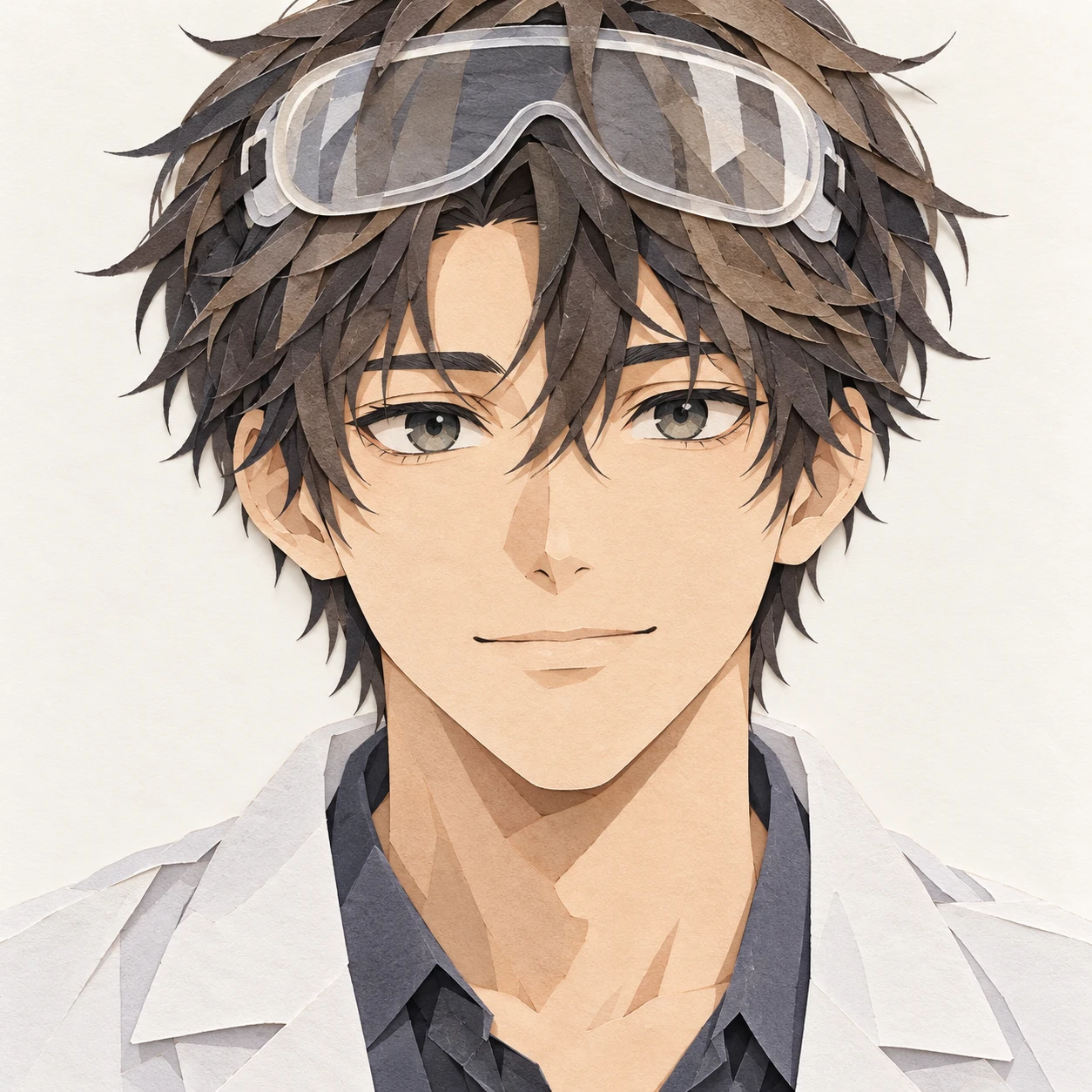 Illustration of one young man drawn in an anime style in a white lab coat with clear safety goggles pushed up onto his forehead and short tousled hair, his head and shoulders seen straight from the front with both eyes looking at the viewer and a calm closed-mouth expression, closely cropped so the head and shoulders fill most of the picture, hands not visible, a plain pale background behind him, the lower edge left as empty background with nothing written on it (paper cut-out)