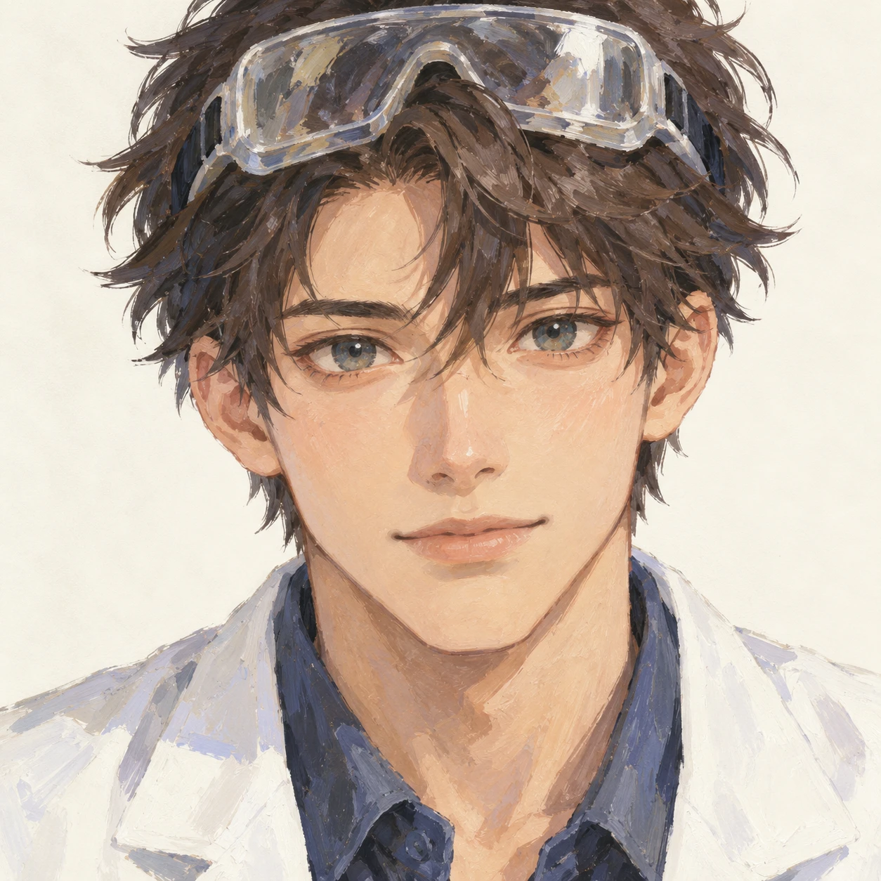 Illustration of one young man drawn in an anime style in a white lab coat with clear safety goggles pushed up onto his forehead and short tousled hair, his head and shoulders seen straight from the front with both eyes looking at the viewer and a calm closed-mouth expression, closely cropped so the head and shoulders fill most of the picture, hands not visible, a plain pale background behind him, the lower edge left as empty background with nothing written on it (gouache)