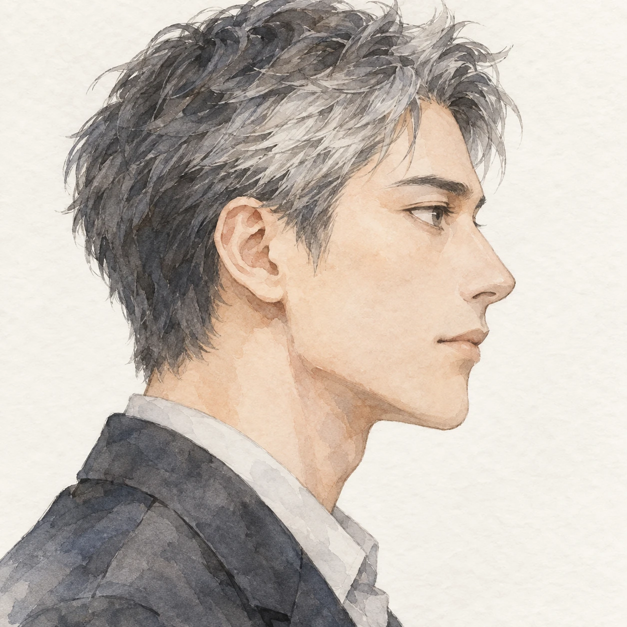 Illustration of one young man drawn in an anime style in a tailored jacket with short salt and pepper hair, his head and shoulders seen in full profile from the side with his gaze level ahead and a calm closed-mouth expression, closely cropped so the head and shoulders fill most of the picture, hands not visible, a plain pale background behind him, the lower edge left as empty background with nothing written on it (watercolor)