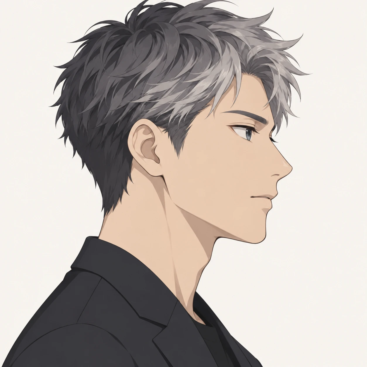Illustration of one young man drawn in an anime style in a tailored jacket with short salt and pepper hair, his head and shoulders seen in full profile from the side with his gaze level ahead and a calm closed-mouth expression, closely cropped so the head and shoulders fill most of the picture, hands not visible, a plain pale background behind him, the lower edge left as empty background with nothing written on it (flat illustration)