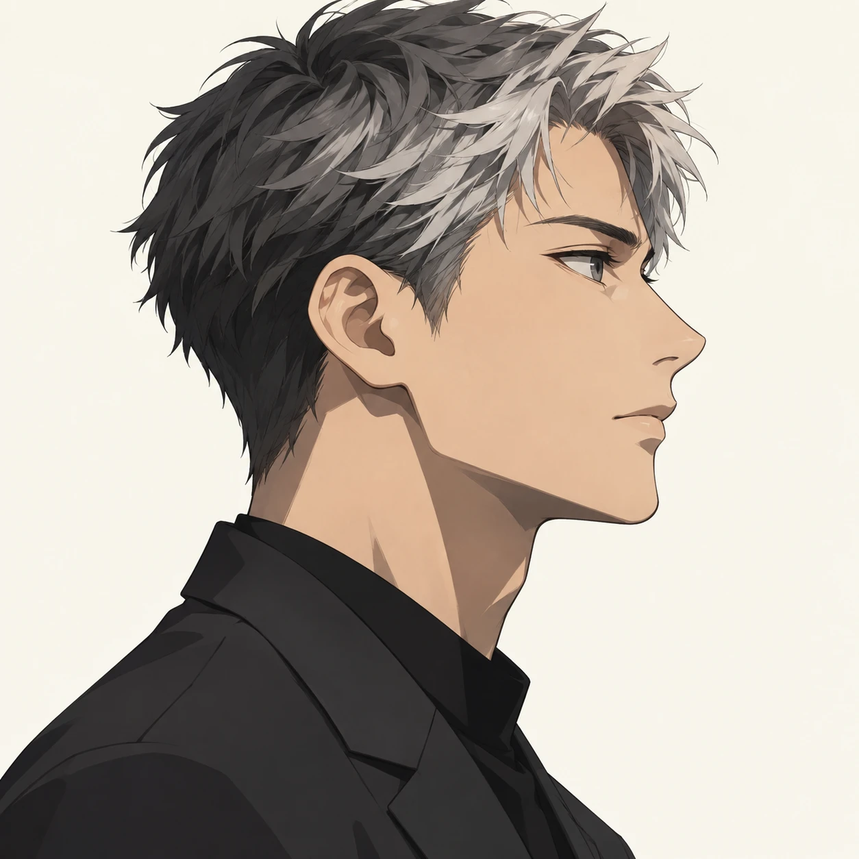 Illustration of one young man drawn in an anime style in a tailored jacket with short salt and pepper hair, his head and shoulders seen in full profile from the side with his gaze level ahead and a calm closed-mouth expression, closely cropped so the head and shoulders fill most of the picture, hands not visible, a plain pale background behind him, the lower edge left as empty background with nothing written on it (bold graphic)