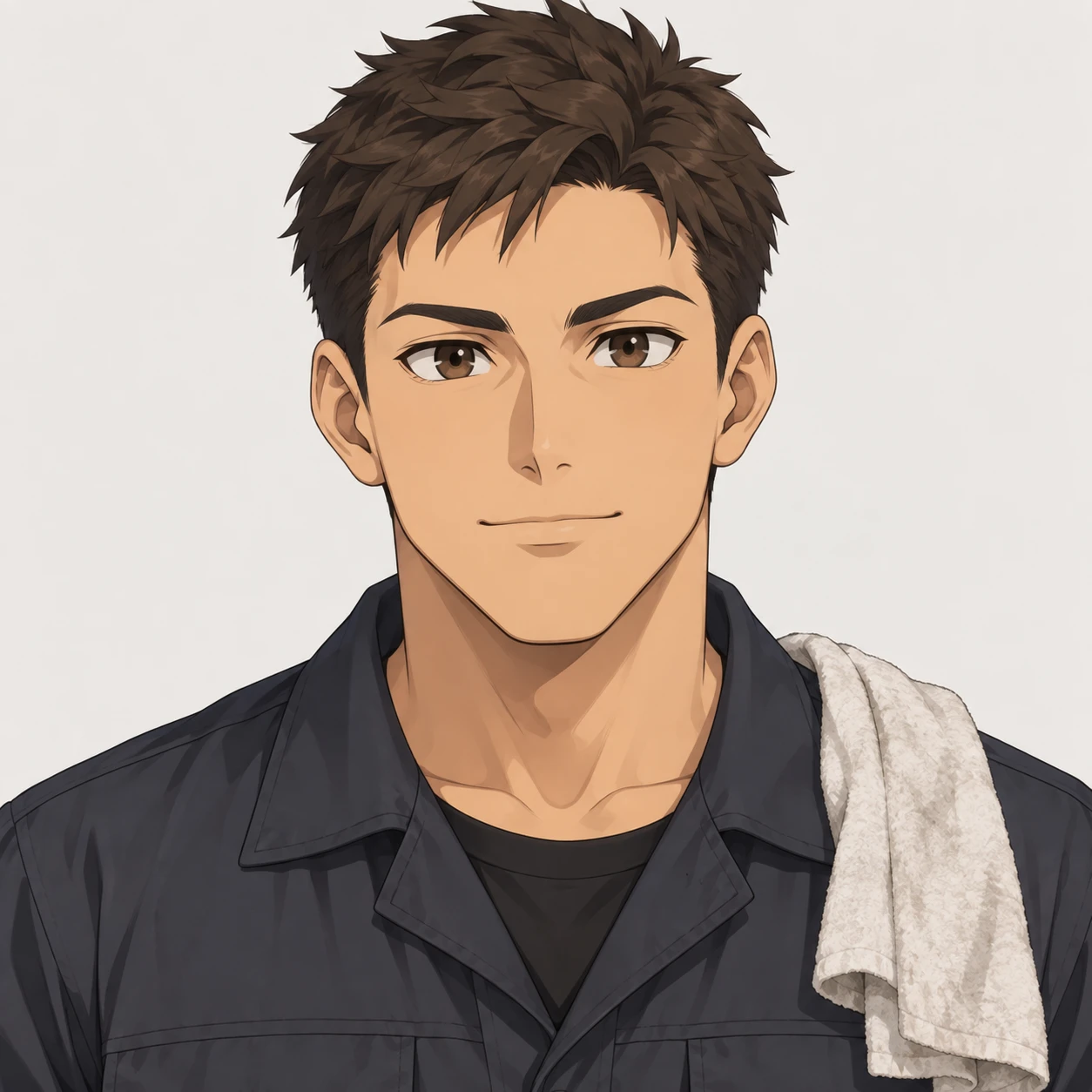 無地を背にした正面向きの整備のつなぎの男性のイラスト（アイソメトリック）