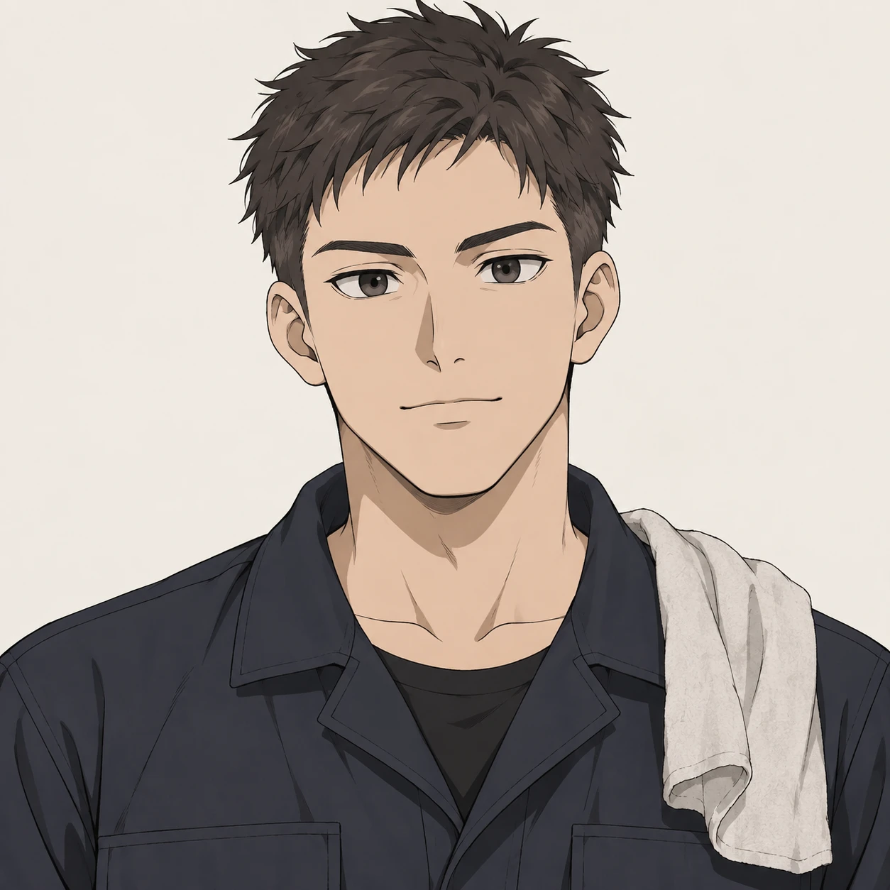Illustration of one young man drawn in an anime style in a dark work overall with a folded shop rag over one shoulder and cropped hair, his head and shoulders seen straight from the front with both eyes looking at the viewer and a calm closed-mouth expression, closely cropped so the head and shoulders fill most of the picture, hands not visible, a plain pale background behind him, the lower edge left as empty background with nothing written on it (simple line art)